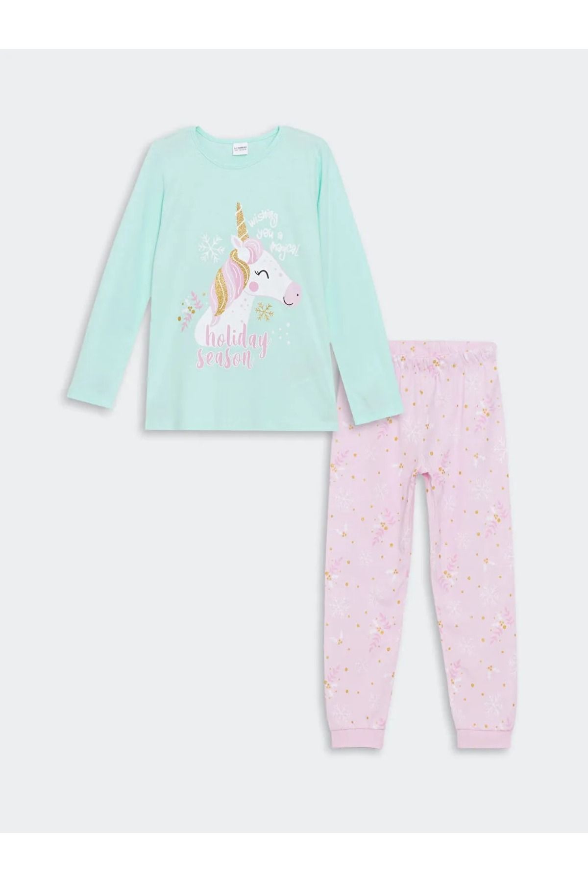 LC Waikiki-Lcw Kids Fly Aquagreen Crew Neck Girl's Pajamas Set 1