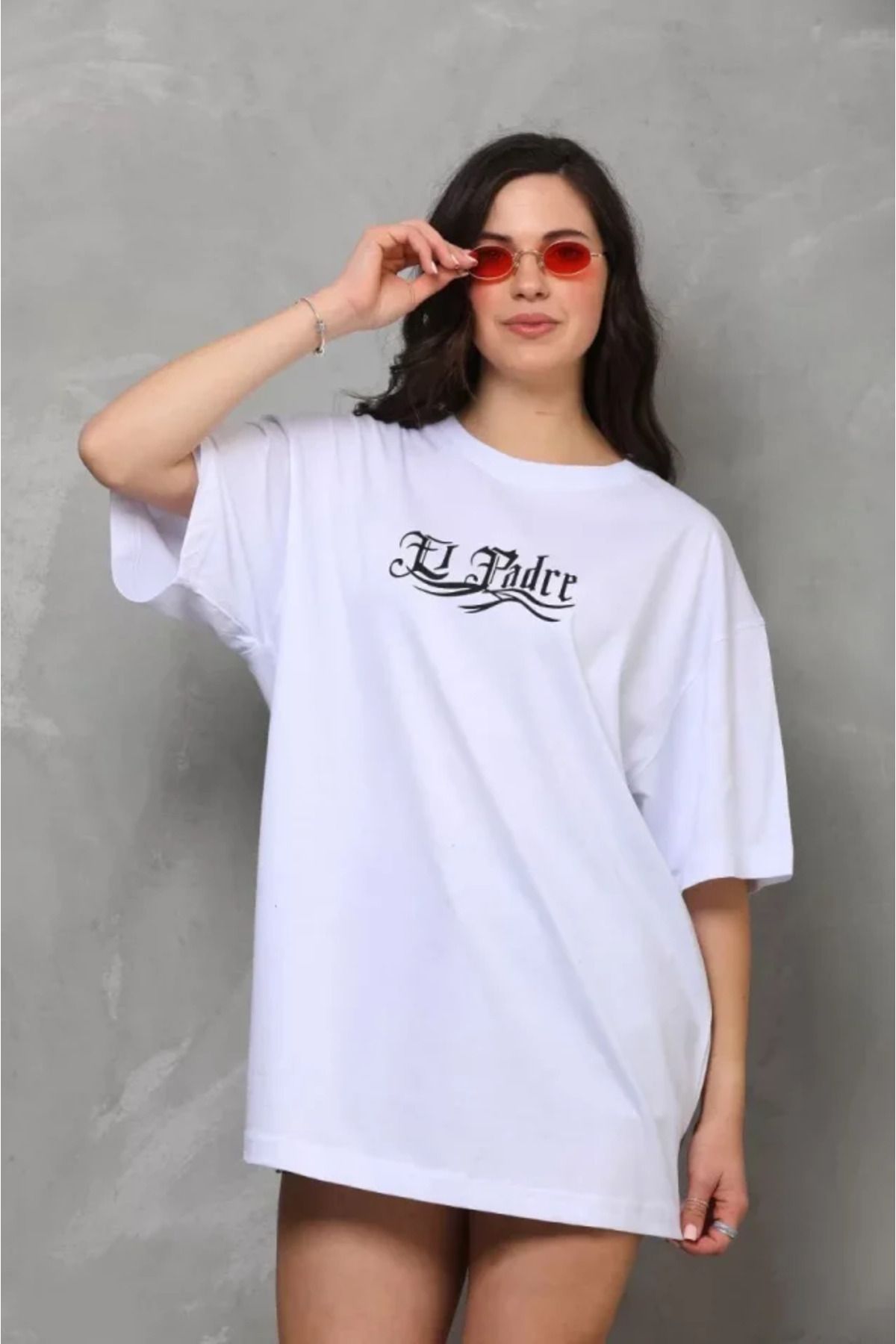 ATOM84 Unisex Bisiklet Yaka Baskılı Oversize T-Shirt - Beyaz