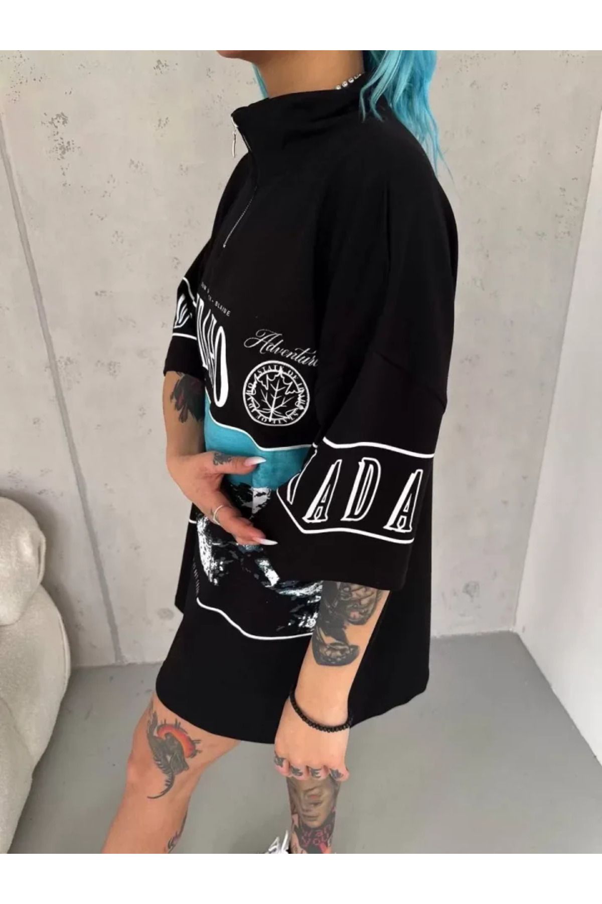 Albayrak Unisex Baskılı Yarım Fermuarlı T-Shirt - Siyah