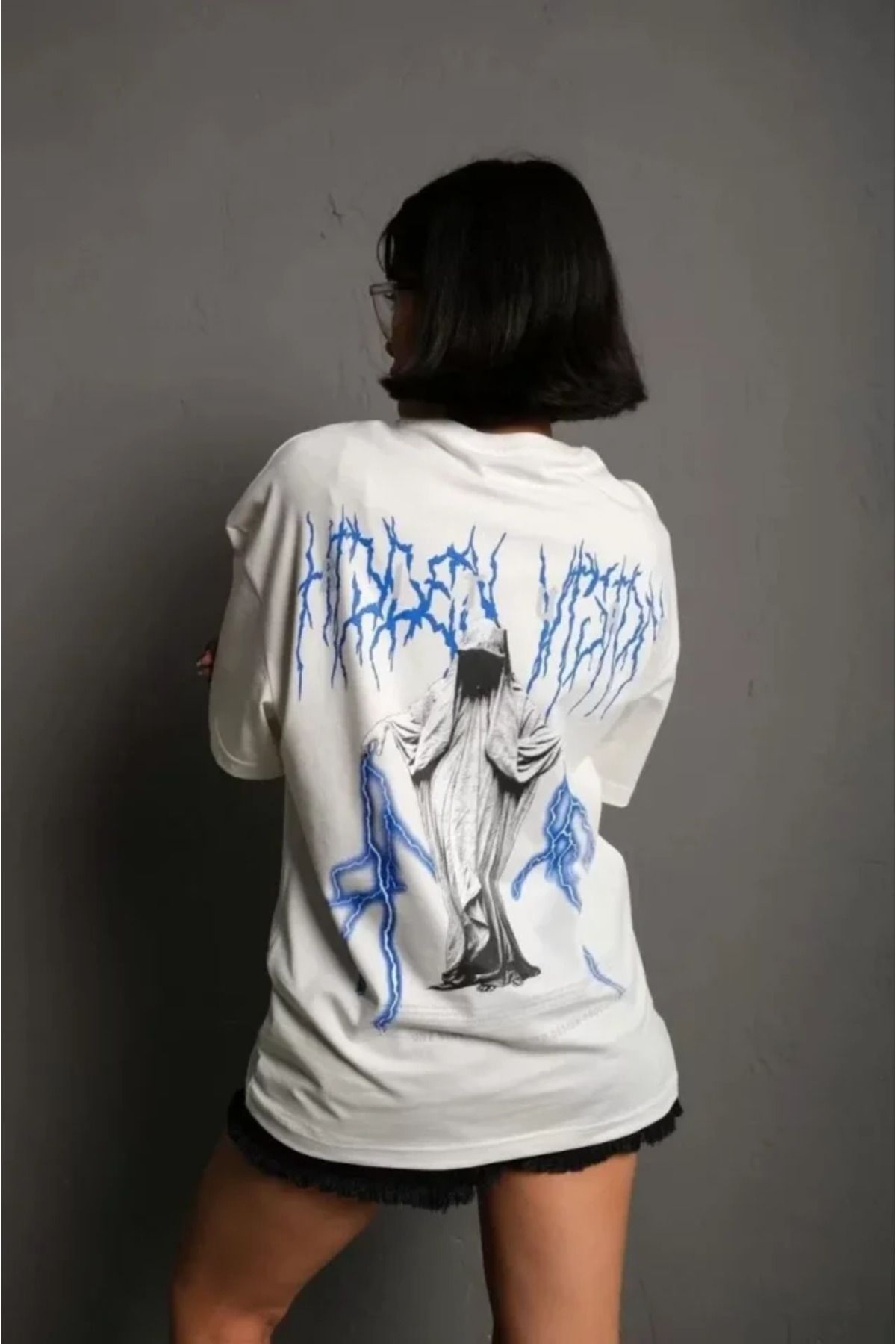 Albayrak Unisex Bisiklet Yaka Baskılı Oversize T-Shirt - Beyaz