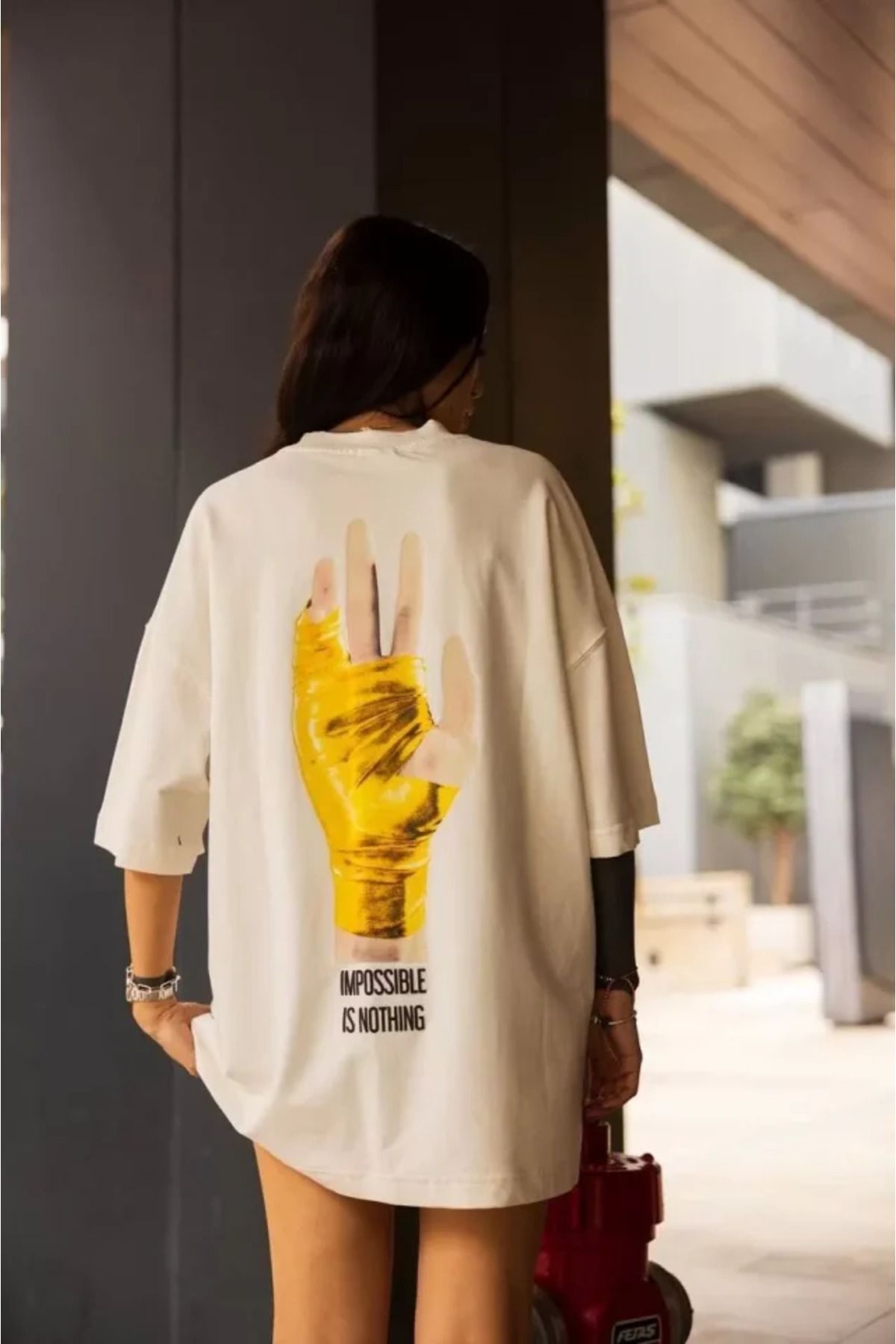 Albayrak Unisex Bisiklet Yaka Baskılı Oversize T-Shirt - Beyaz