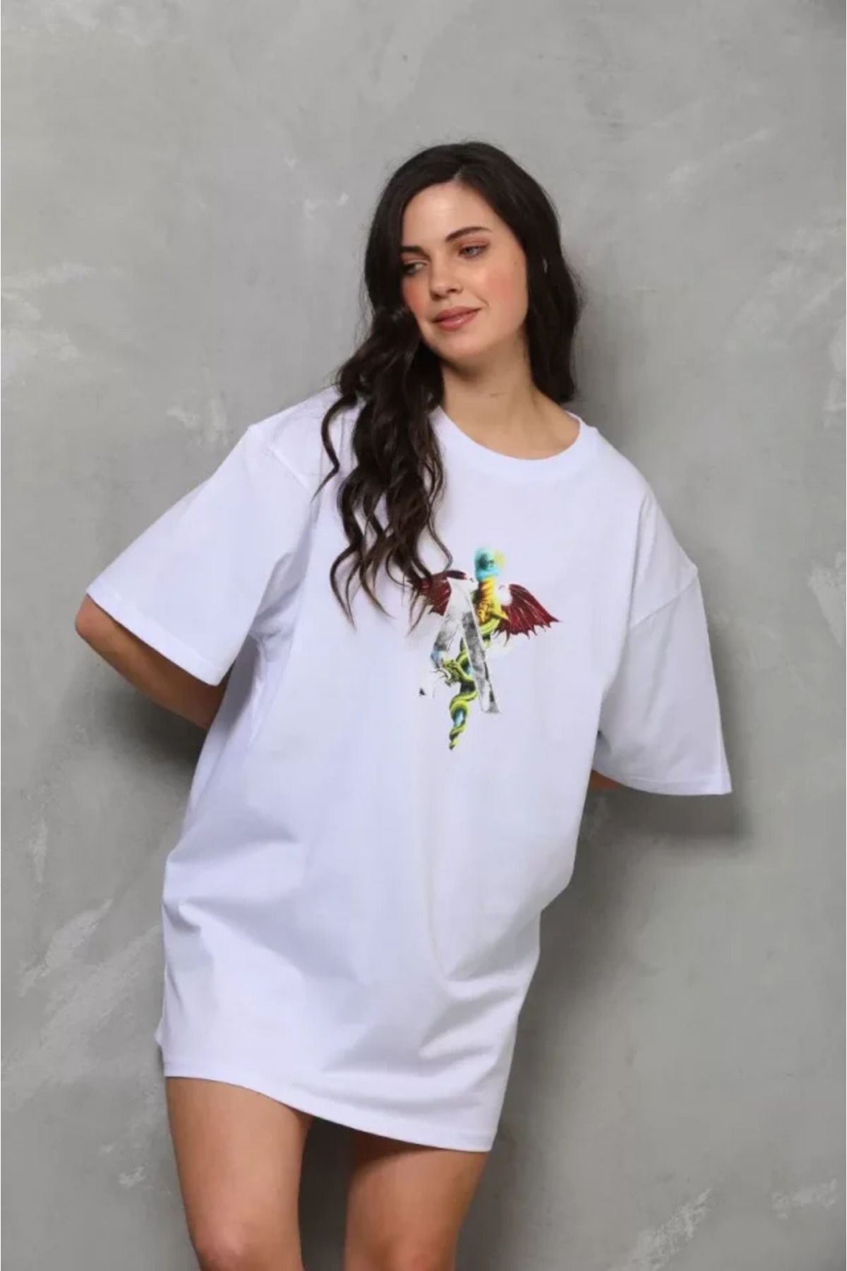 Albayrak Unisex Bisiklet Yaka Baskılı Oversize T-Shirt - Beyaz