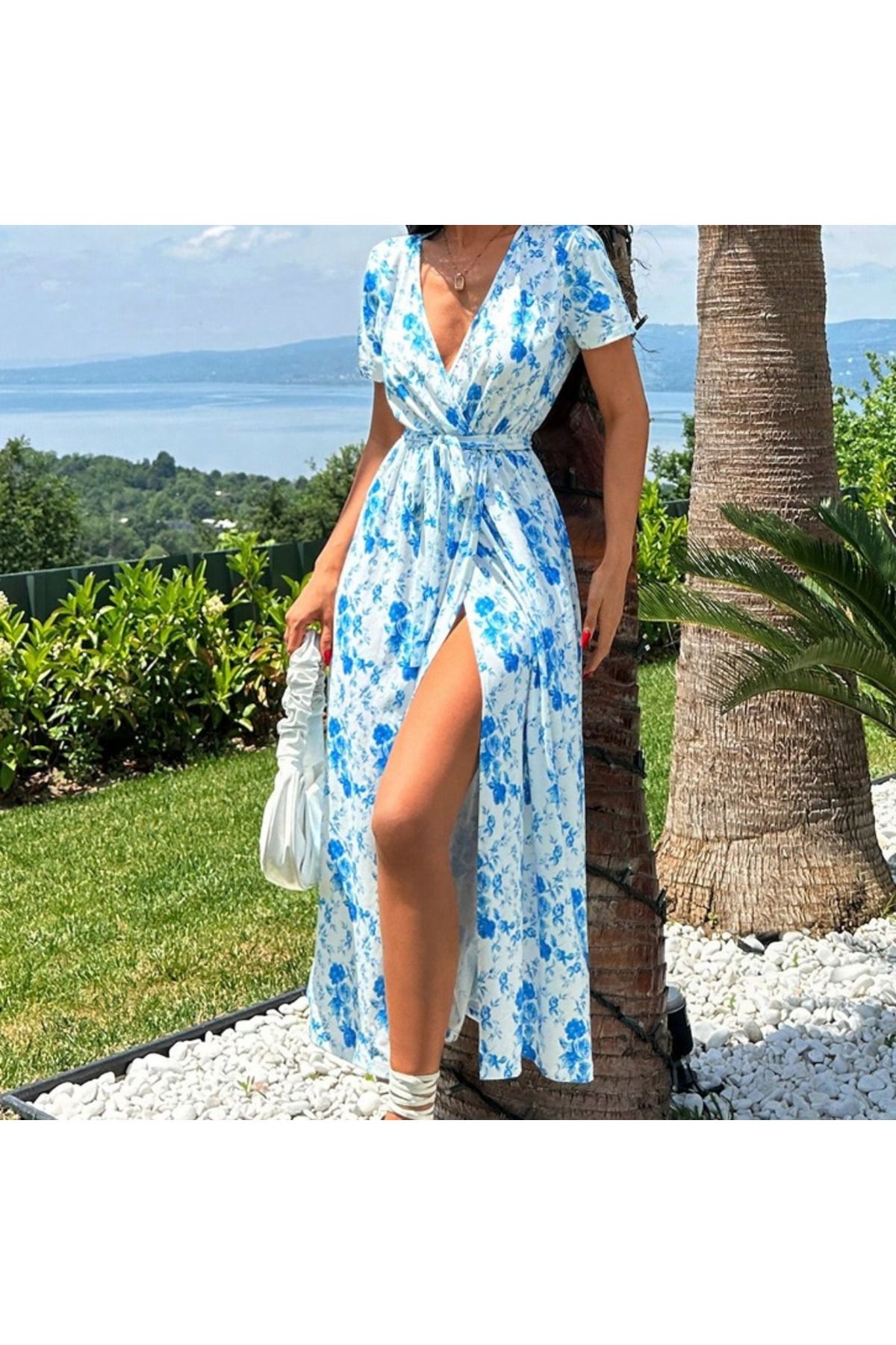 Gökyüzü Moda Kadın Kısa Kollu Kruvaze Yaka Beli Kuşaklı çiçek Desen Midi Boy Süprem Elbise