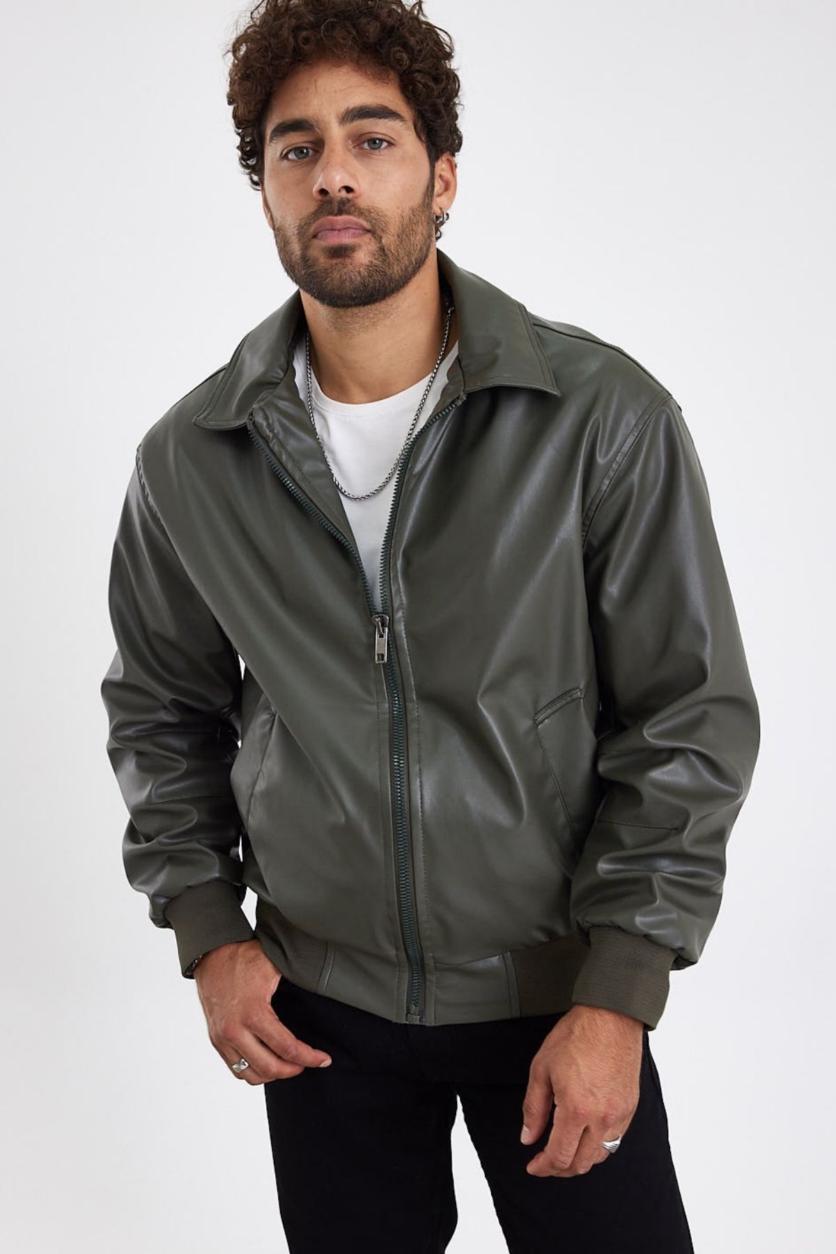 MADZEYMODA-New Season Men's Khaki Green Leather Coat Mz58529 1