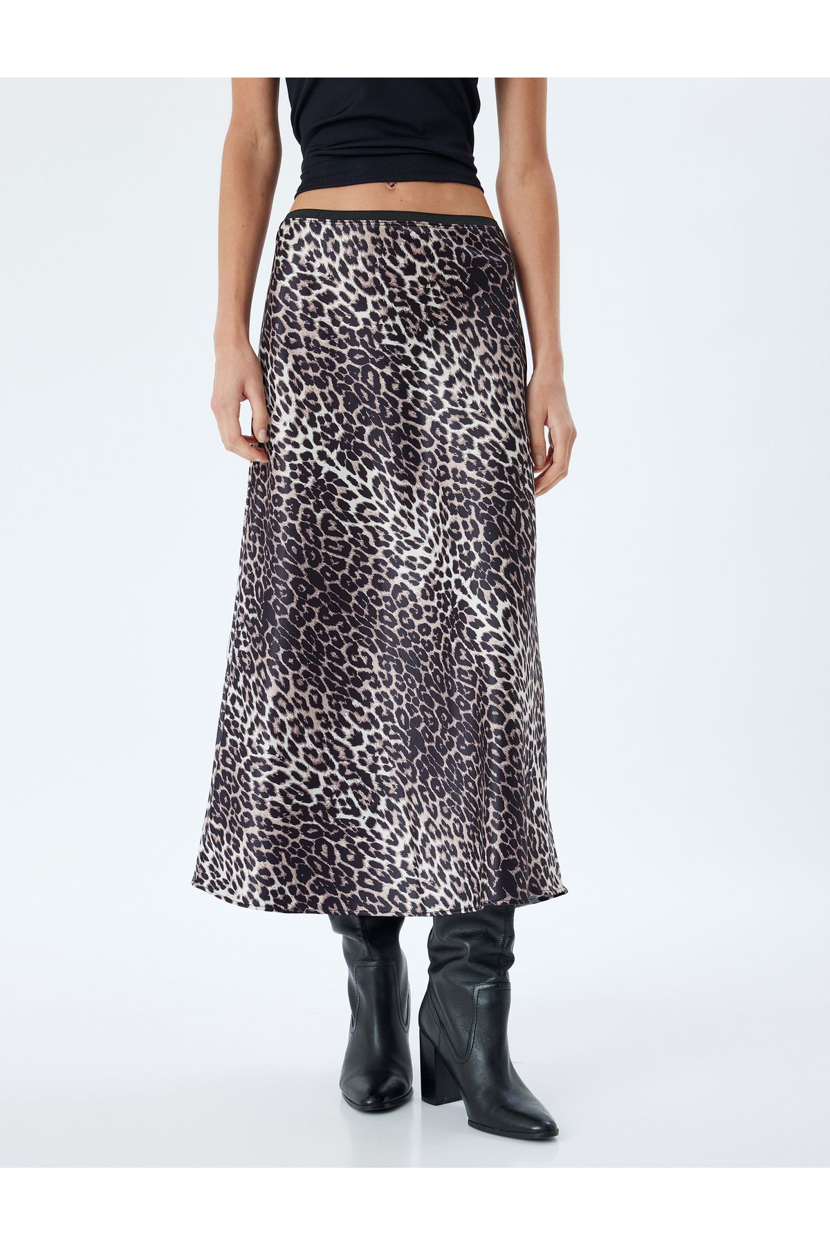 Koton-Leopard Patterned Satin Midi Skirt - A-line, Standard Waist 3