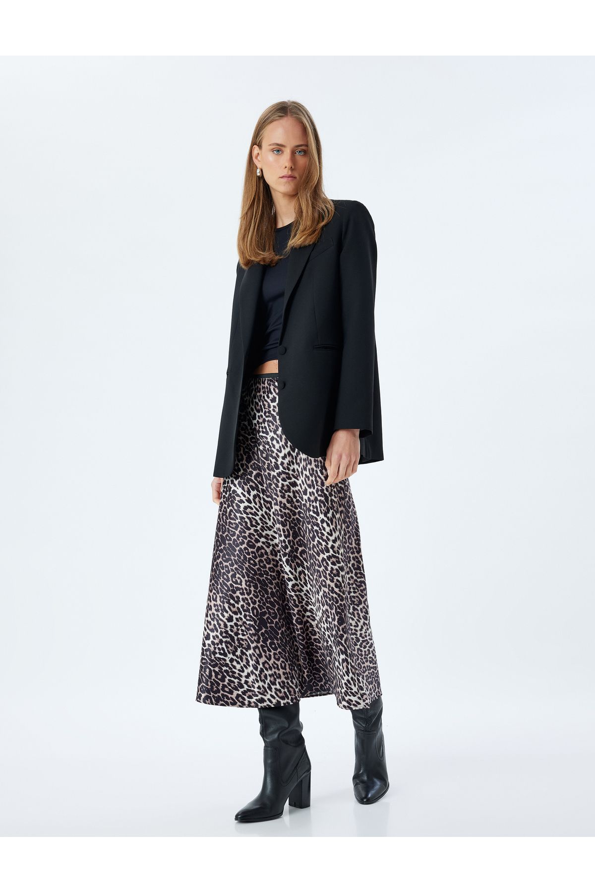 Koton-Leopard Patterned Satin Midi Skirt - A-line, Standard Waist 2