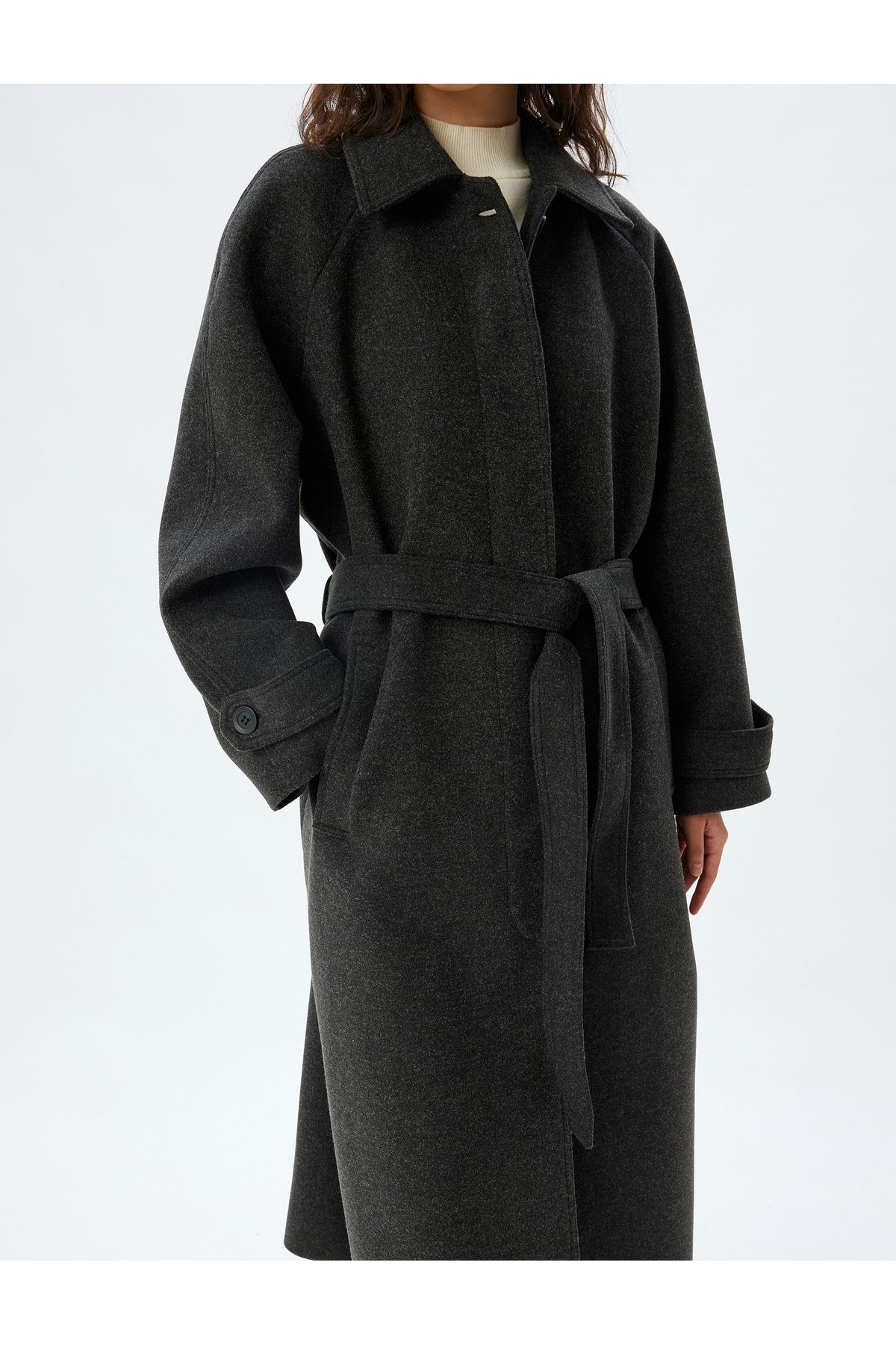 Koton-Double Breasted Extra Long Stamp Coat with Belt Detail and Pockets 5