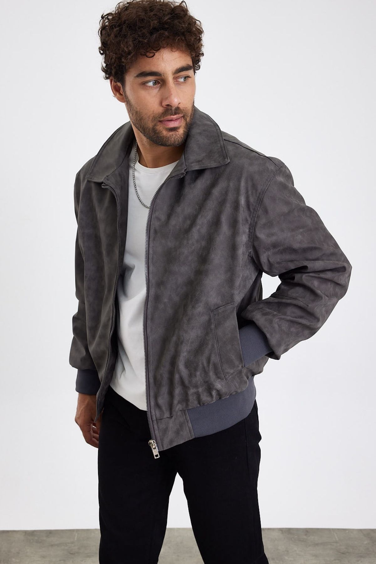 MADZEYMODA-New Season Ανδρικό πλυμένο γκρι δερμάτινο παλτό LNS58529Y 4