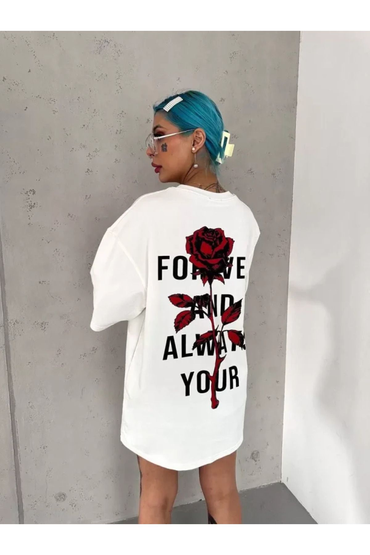 Albayrak Unisex Bisiklet Yaka Baskılı Oversize T-Shirt - Beyaz