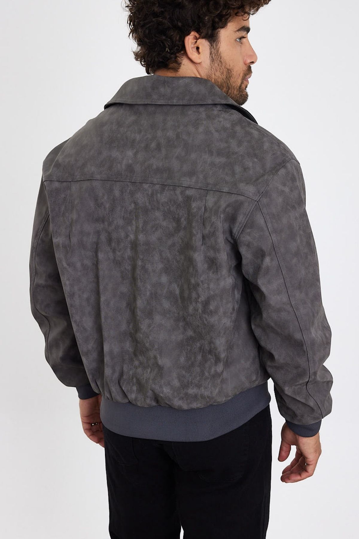 MADZEYMODA-New Season Ανδρικό πλυμένο γκρι δερμάτινο παλτό LNS58529Y 7