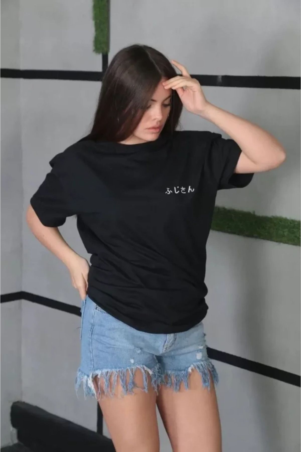 ATOM84 Unisex Bisiklet Yaka Baskılı Oversize T-Shirt - Siyah