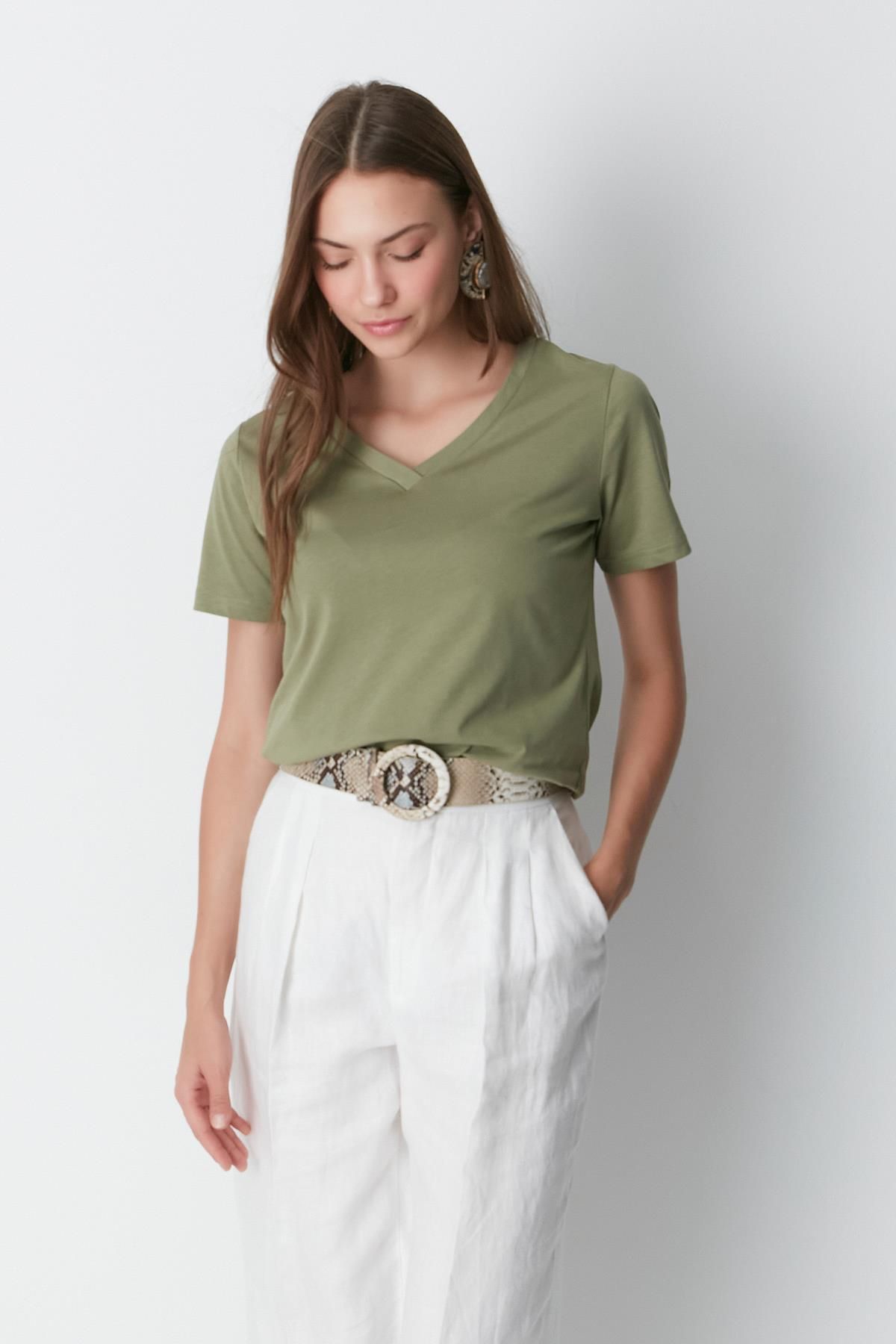 C&City-Khaki/Beige V-Ausschnitt Kurzarm 2-teiliges T-Shirt 962 8