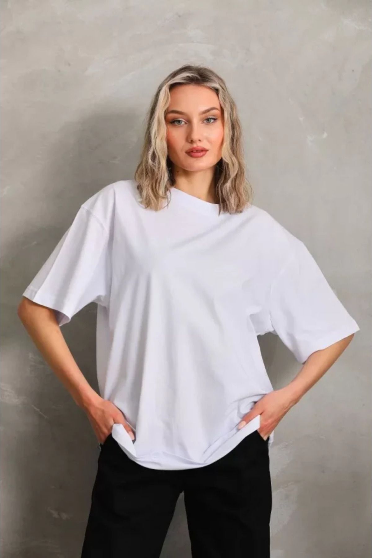 Albayrak Unisex Bisiklet Yaka 20/1 Düz Oversize T-Shirt - Beyaz