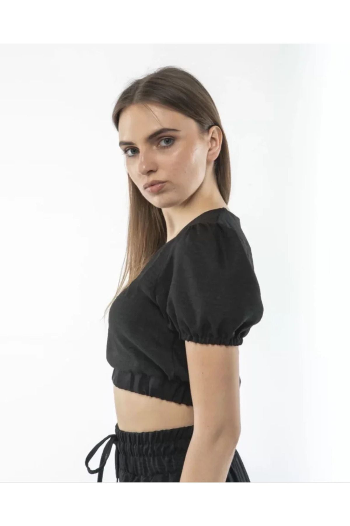 Albayrak Kadin Keten Pantalon Ve Crop Takım - Siyah