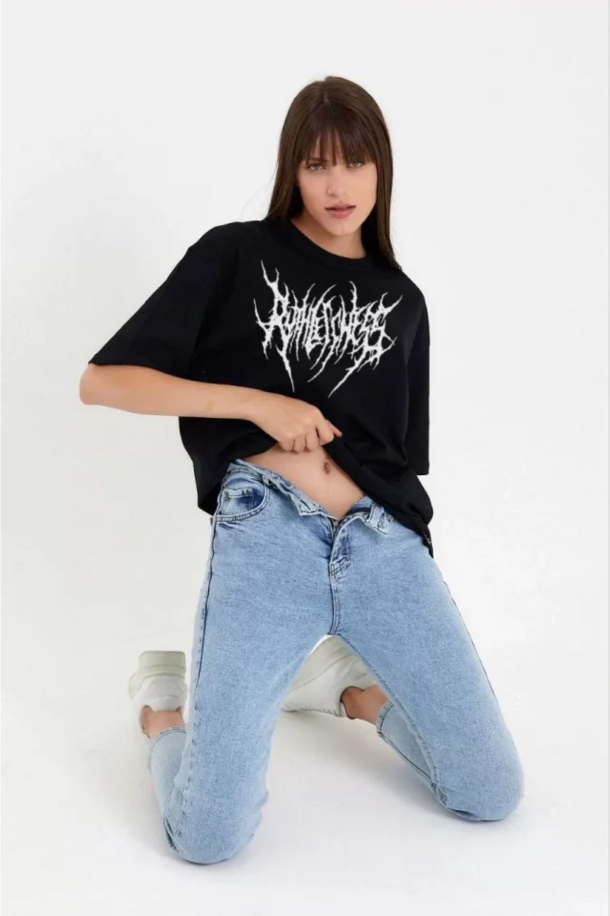 Albayrak Unisex Bisiklet Yaka Baskılı Oversize T-Shirt - Siyah