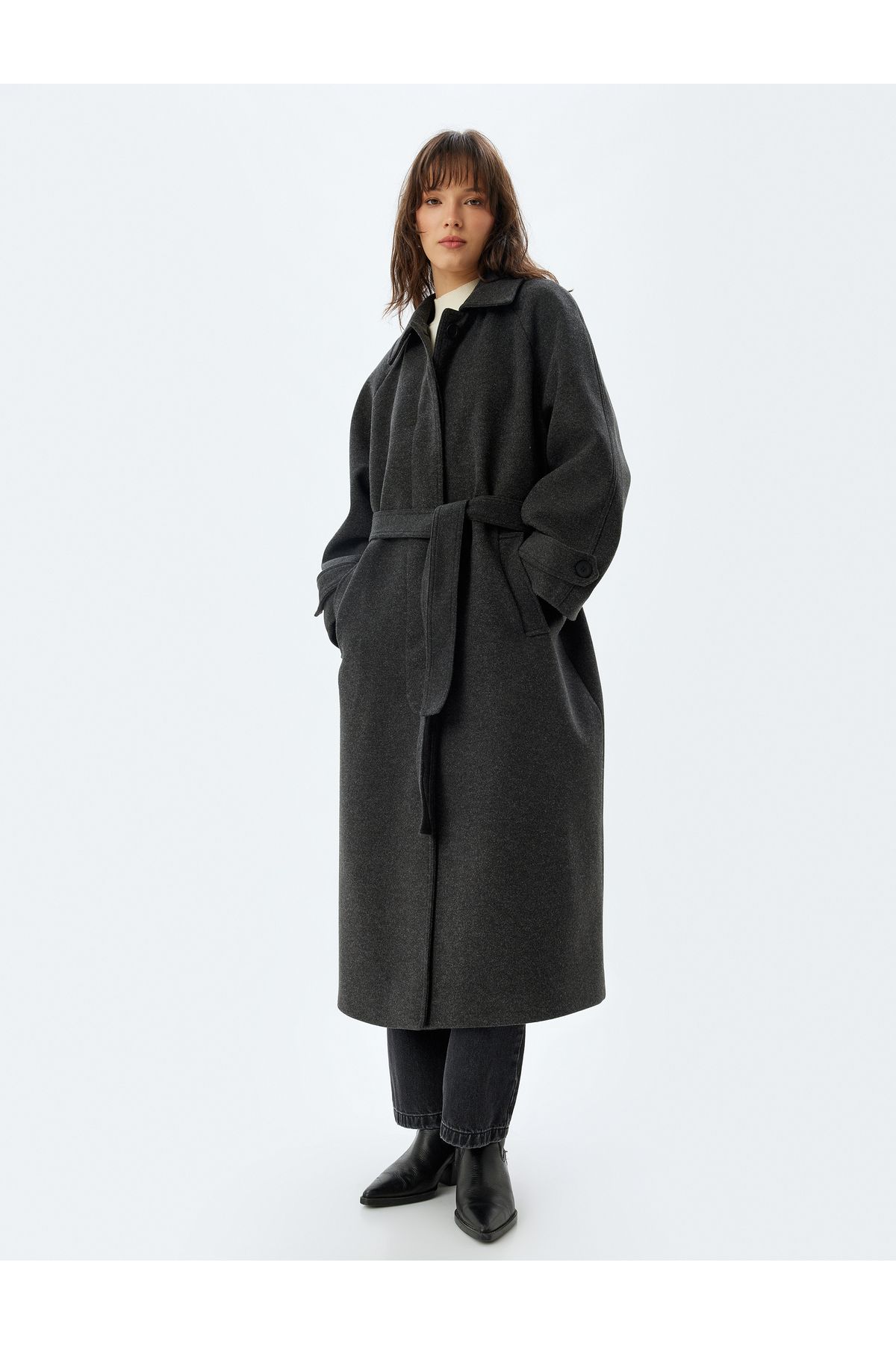 Koton-Double Breasted Extra Long Stamp Coat with Belt Detail and Pockets 3