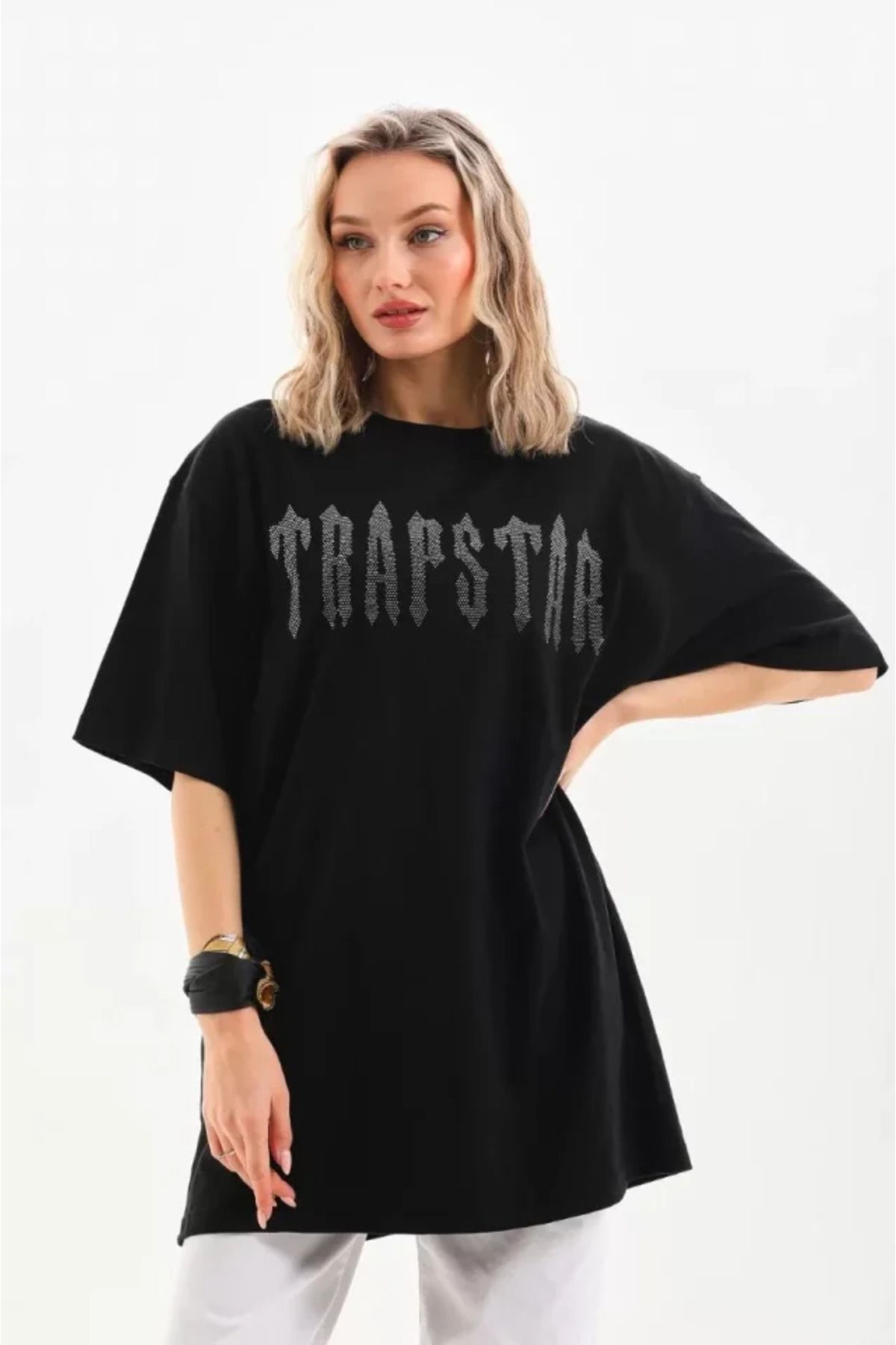 ATOM84 Unisex Taş Desenli Oversize T-Shirt - Siyah