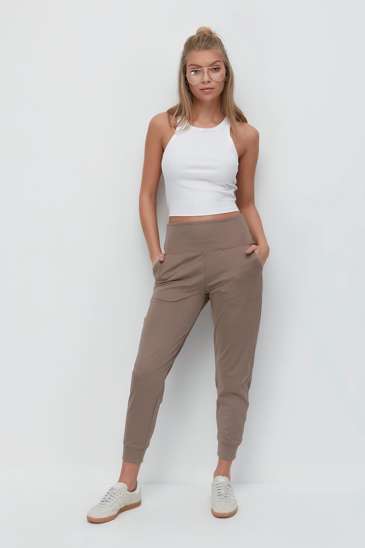 C&City-Pantaloni de sport Jogger cu talie înaltă, cu manșete, 811 maro 3