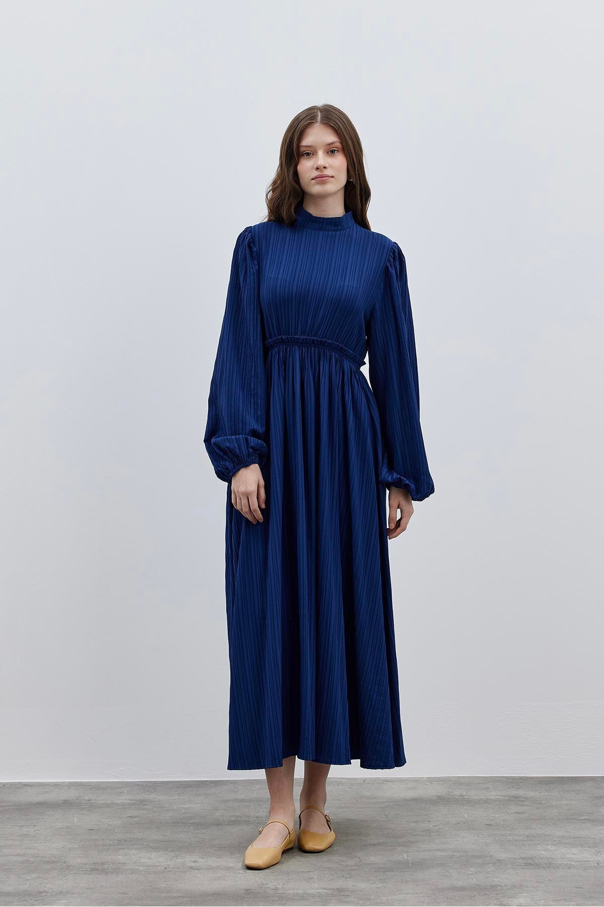 Fahhar-Rochie cu mâneci cu balon bleumarin 4