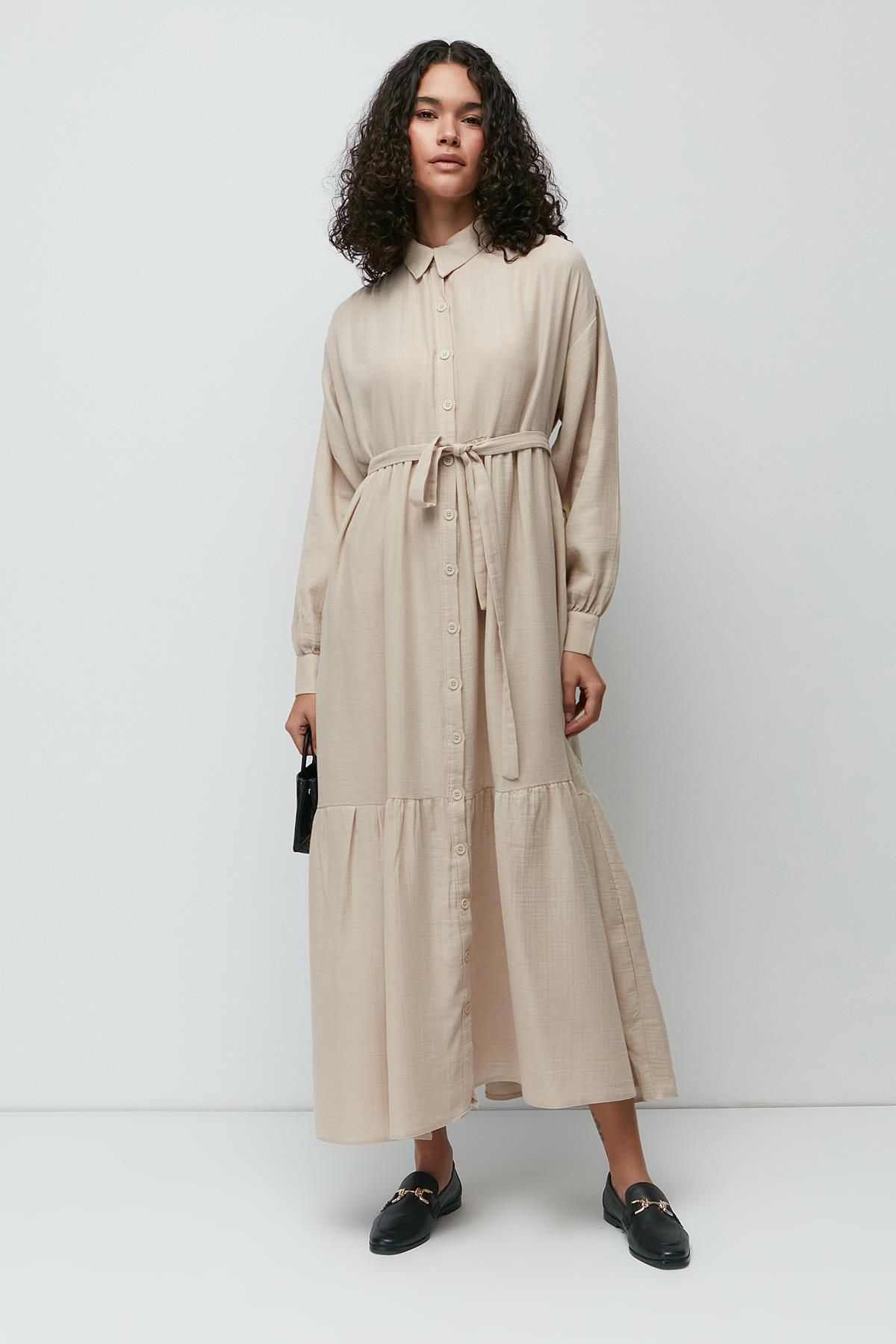 C&City-Organic Cotton Muslin Long Sleeve Dress 9128 Light Beige 3