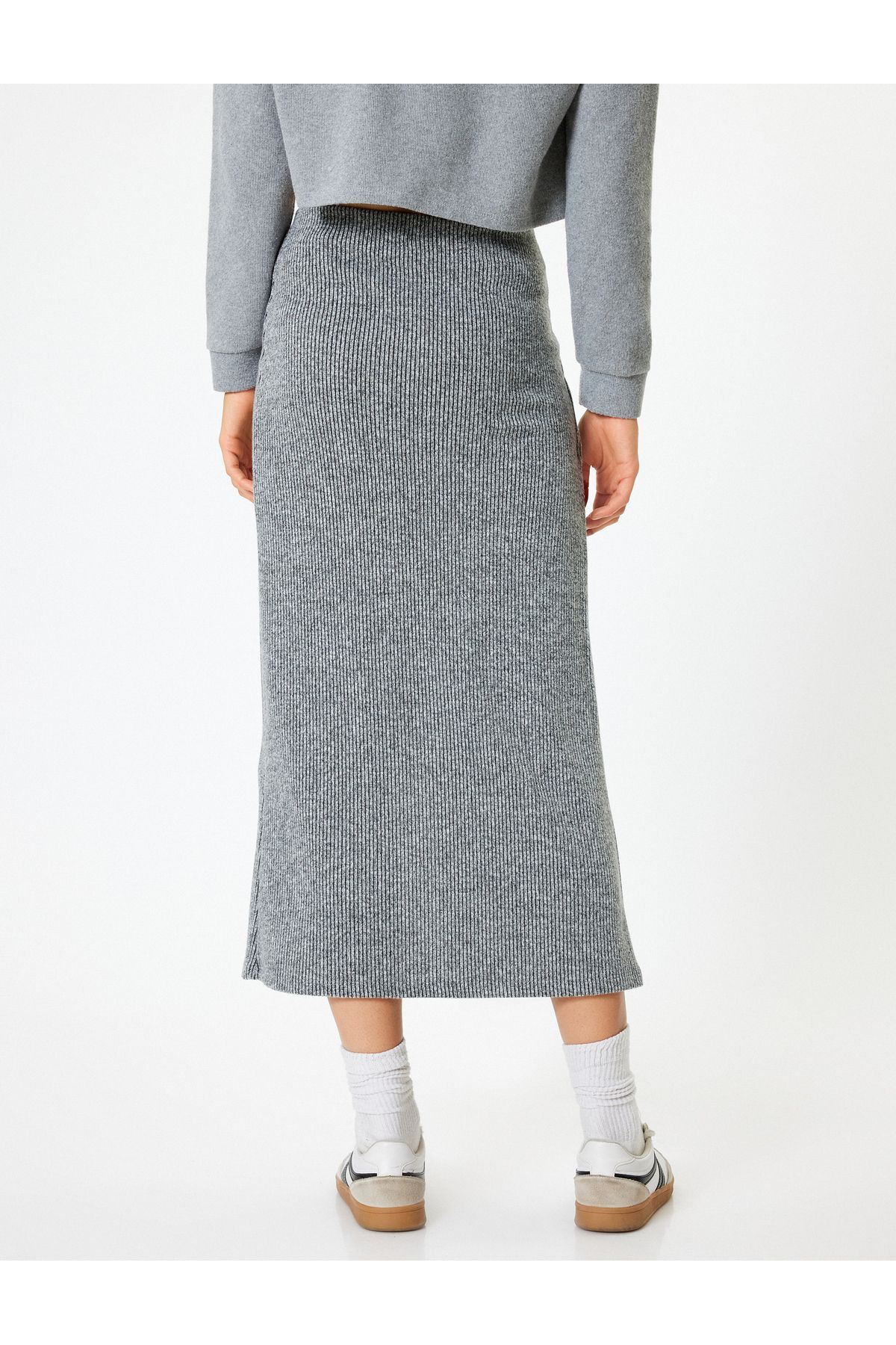 Koton-Front Slit Detailed Ribbed Midi Double Breasted Knitwear Skirt 4