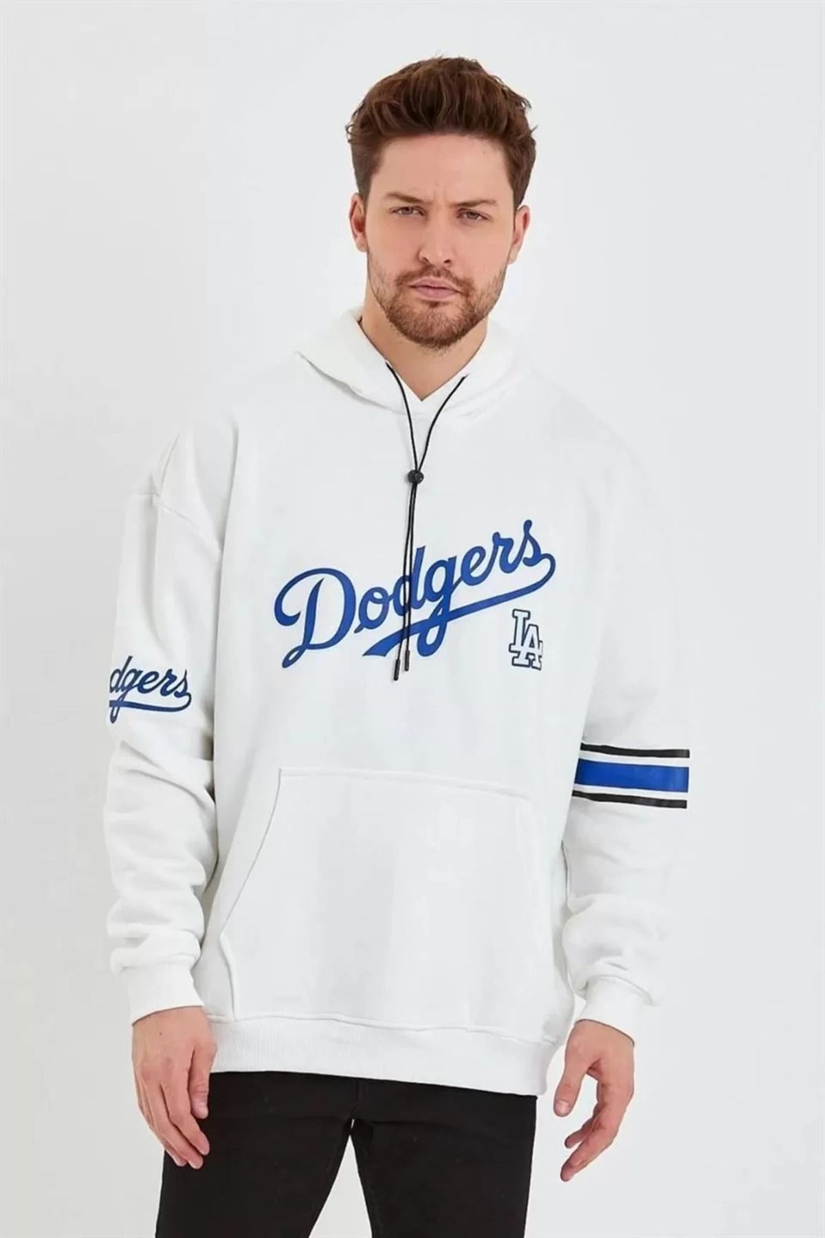 SA Alişveriş Dünyam Erkek Baskılı Kapüşonlu Üç İplik Oversize Sweatshirt - Beyaz