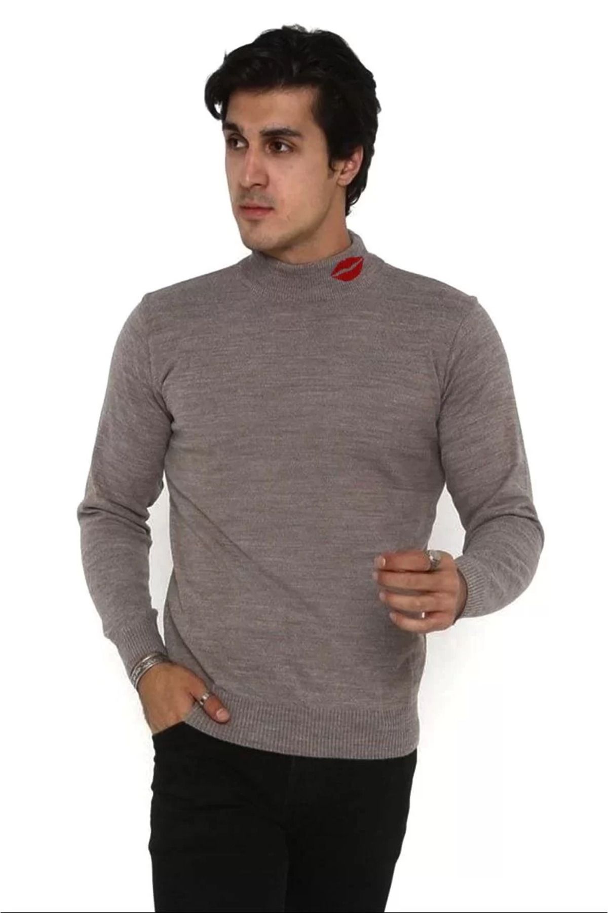 C&Z Collection Unisex Yarım Boğazlı Baskılı Dokuma Triko - Vizon