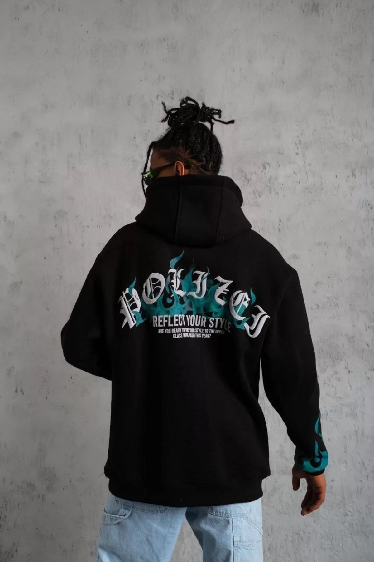 SA Alişveriş Dünyam Erkek Üç İplik İçi Pamuklu Alev Baskılı Kapüşonlu Sweatshirt - Siyah