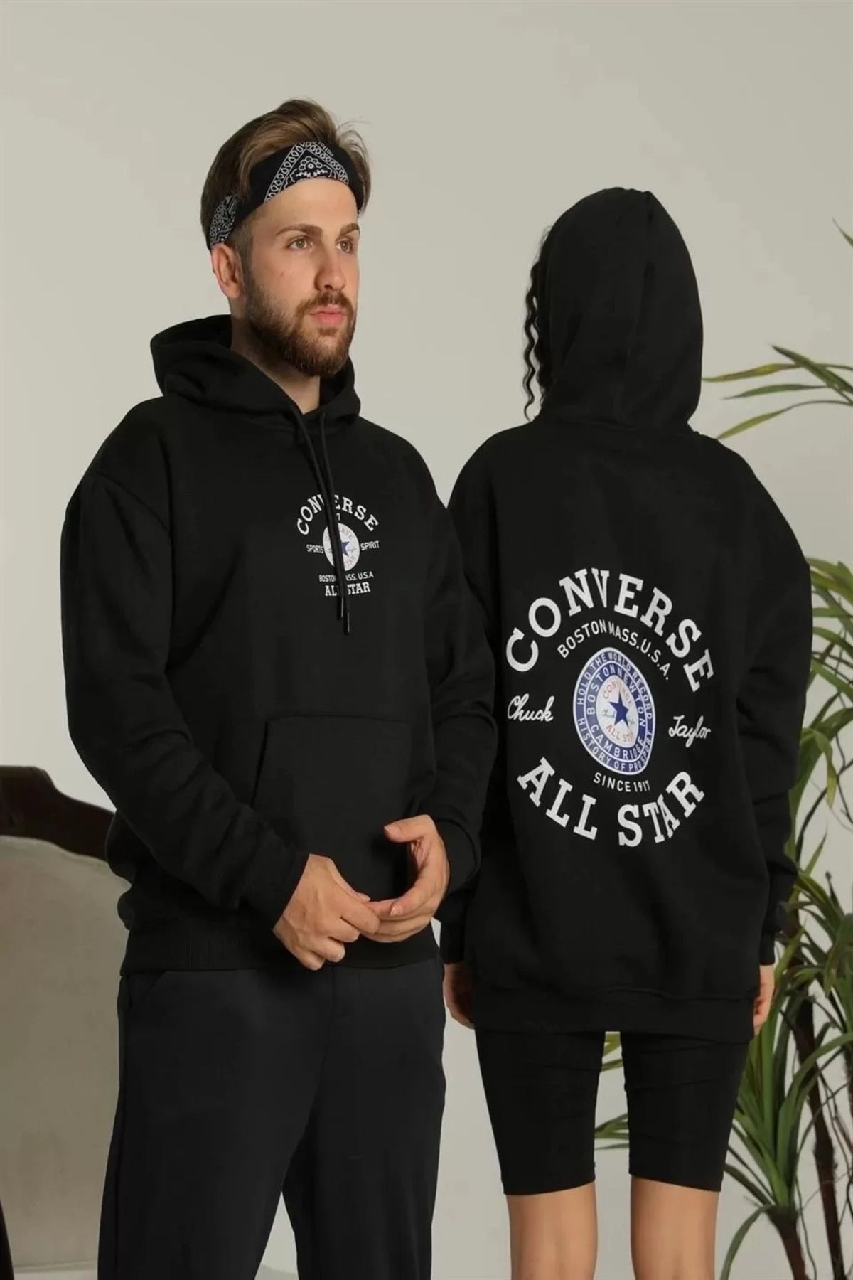 SA Alişveriş Dünyam Erkek Sırt Baskılı Oversize Üç İplik Kapüşonlu Hoodie Sweatshirt - Siyah