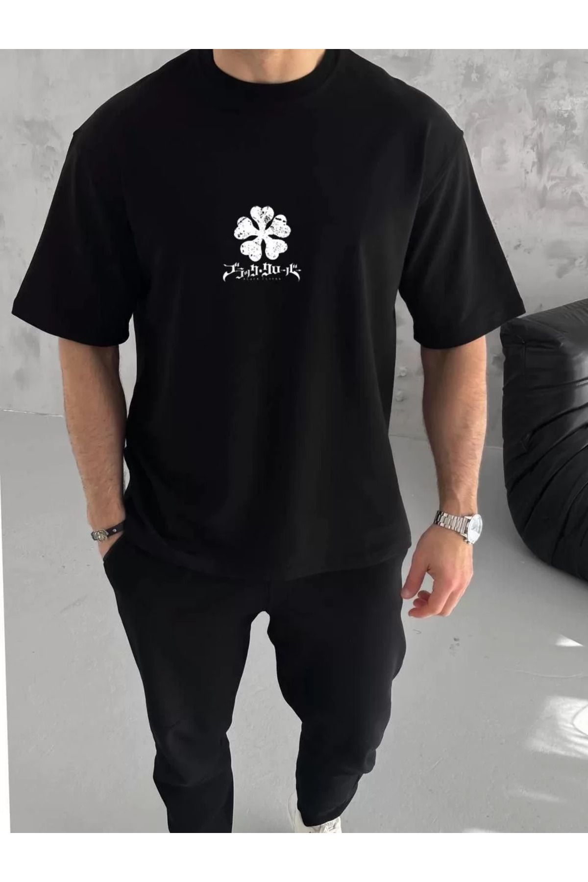 SA Alişveriş Dünyam Unisex Bisiklet Yaka Baskılı Oversize T-Shirt - Siyah