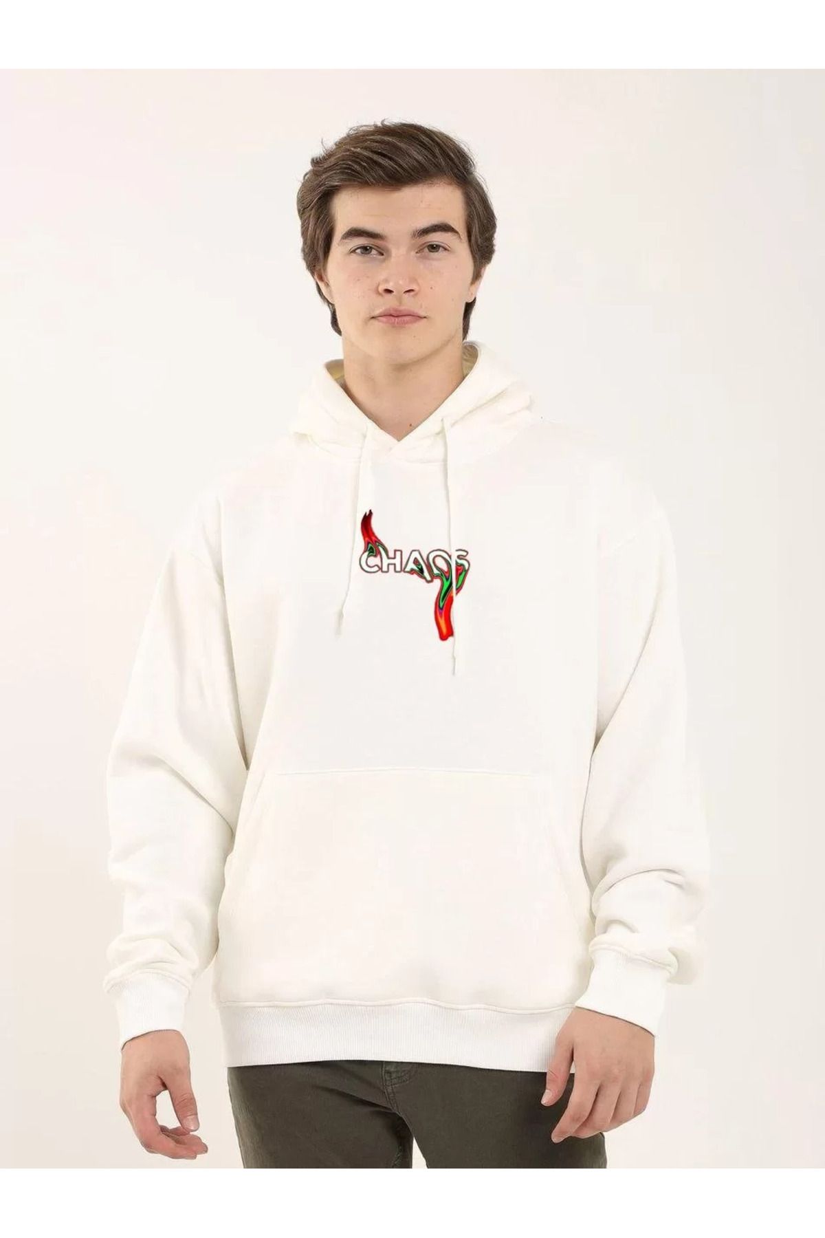 SA Alişveriş Dünyam Unisex Baskılı Oversize Üç İplik Kapüşonlu Sweatshirt - Beyaz