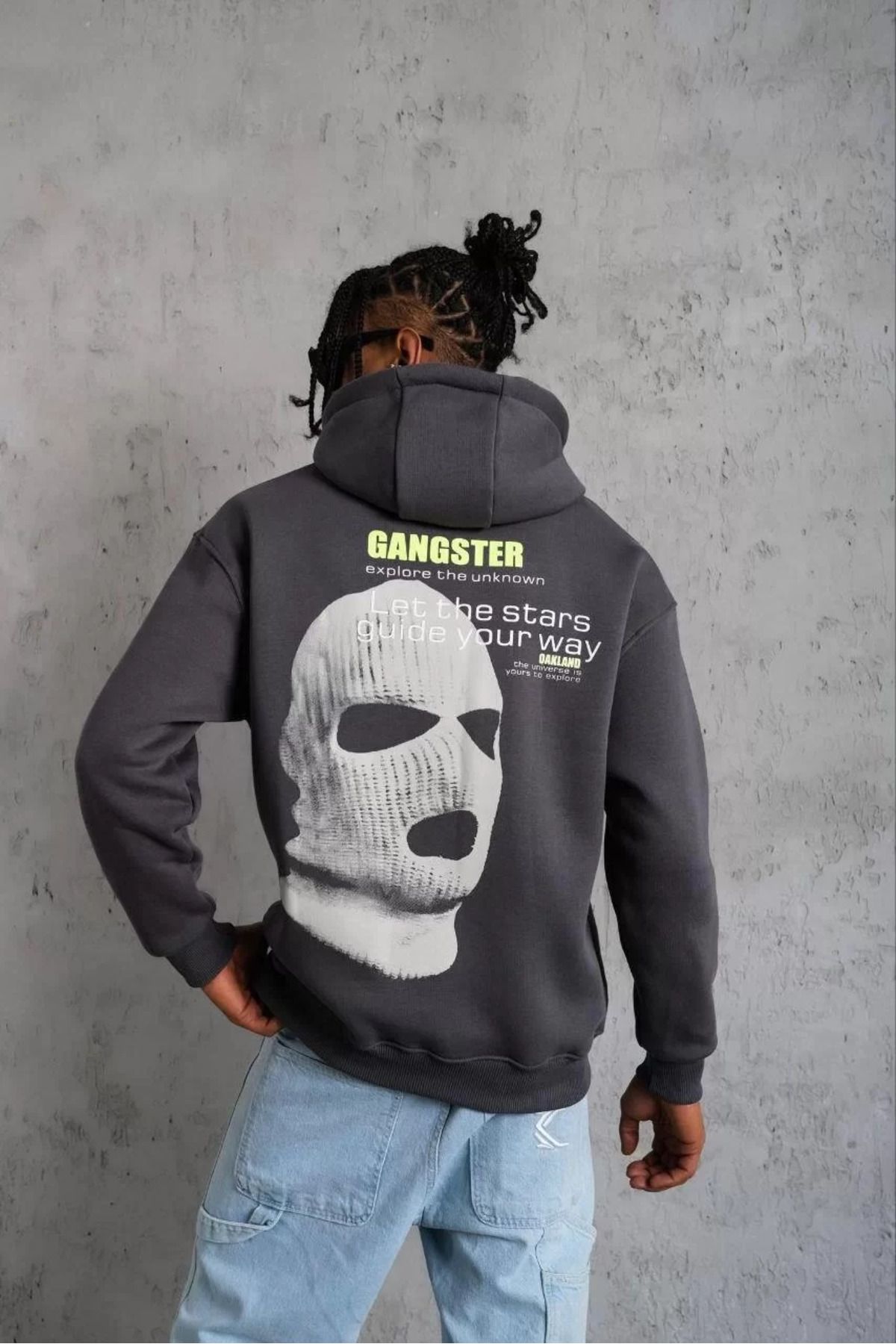 SA Alişveriş Dünyam Erkek Kordonlu Maske Baskılı Kapşonlu Sweat - Gri