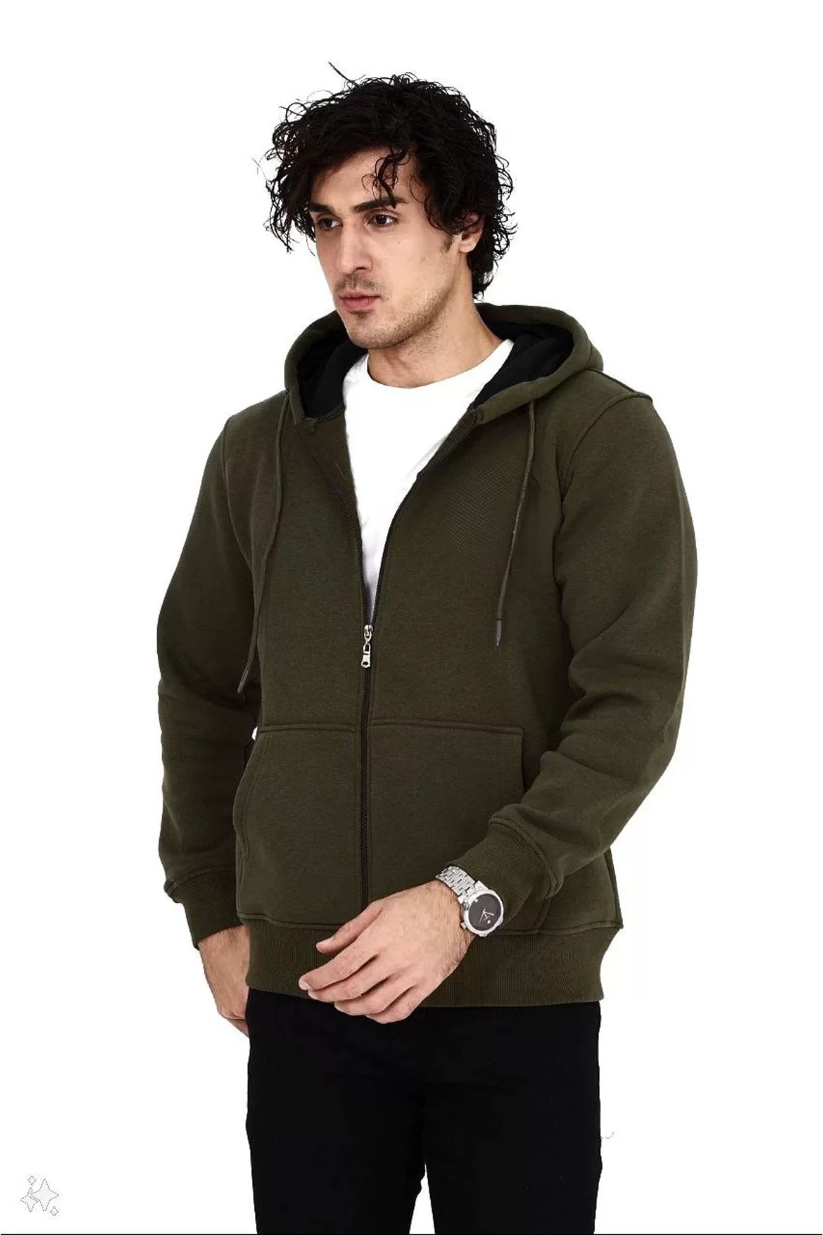 SA Alişveriş Dünyam Unisex Tam Fermuarlı Kapşonlu SweatShirt - Haki