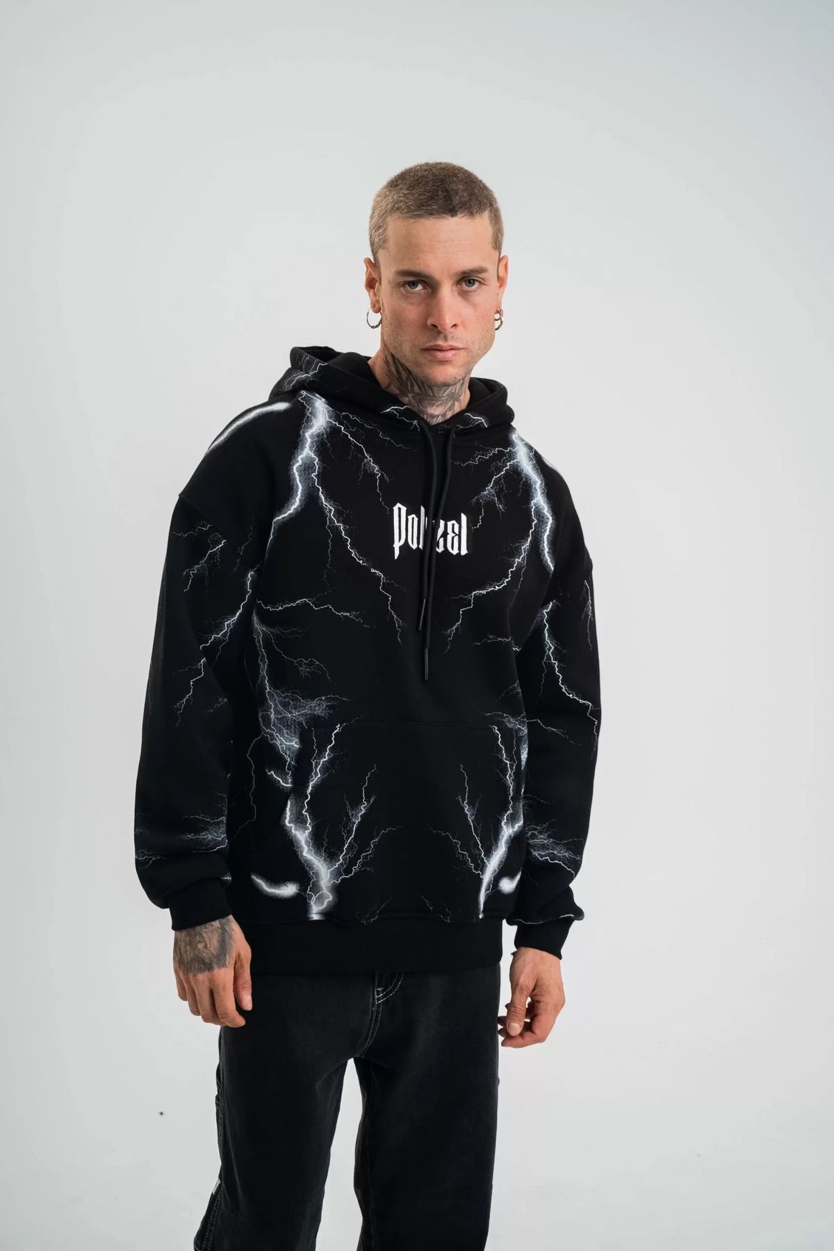 SA Alişveriş Dünyam Double Oversize Kapşonlu Şimşek Pano Baskılı SweatShirt - Siyah