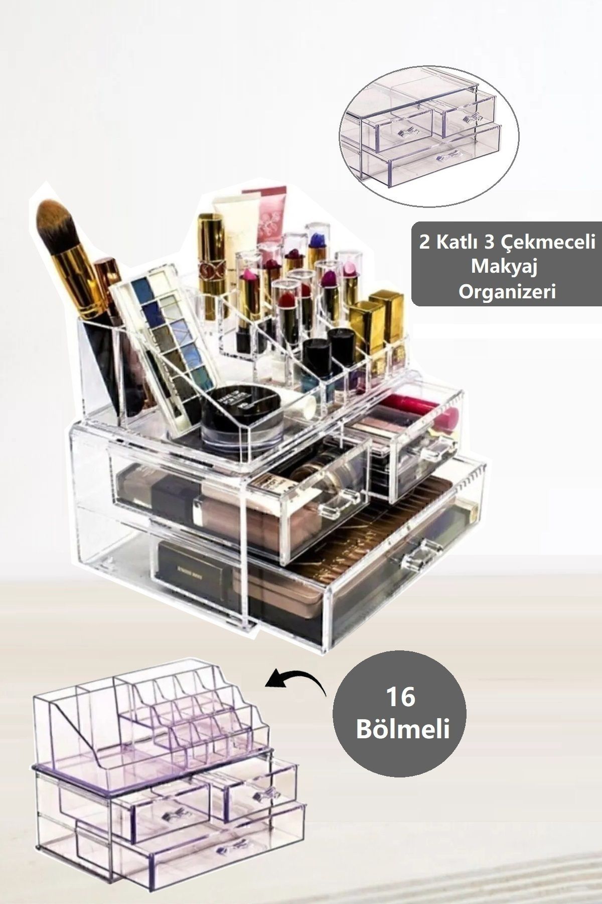 Mim Life Elegance 2 Katlı 3 Çekmeceli Makyaj Organizeri - 16 Bölmeli Takı Kozmetik Düzenleyici Akrilik Set