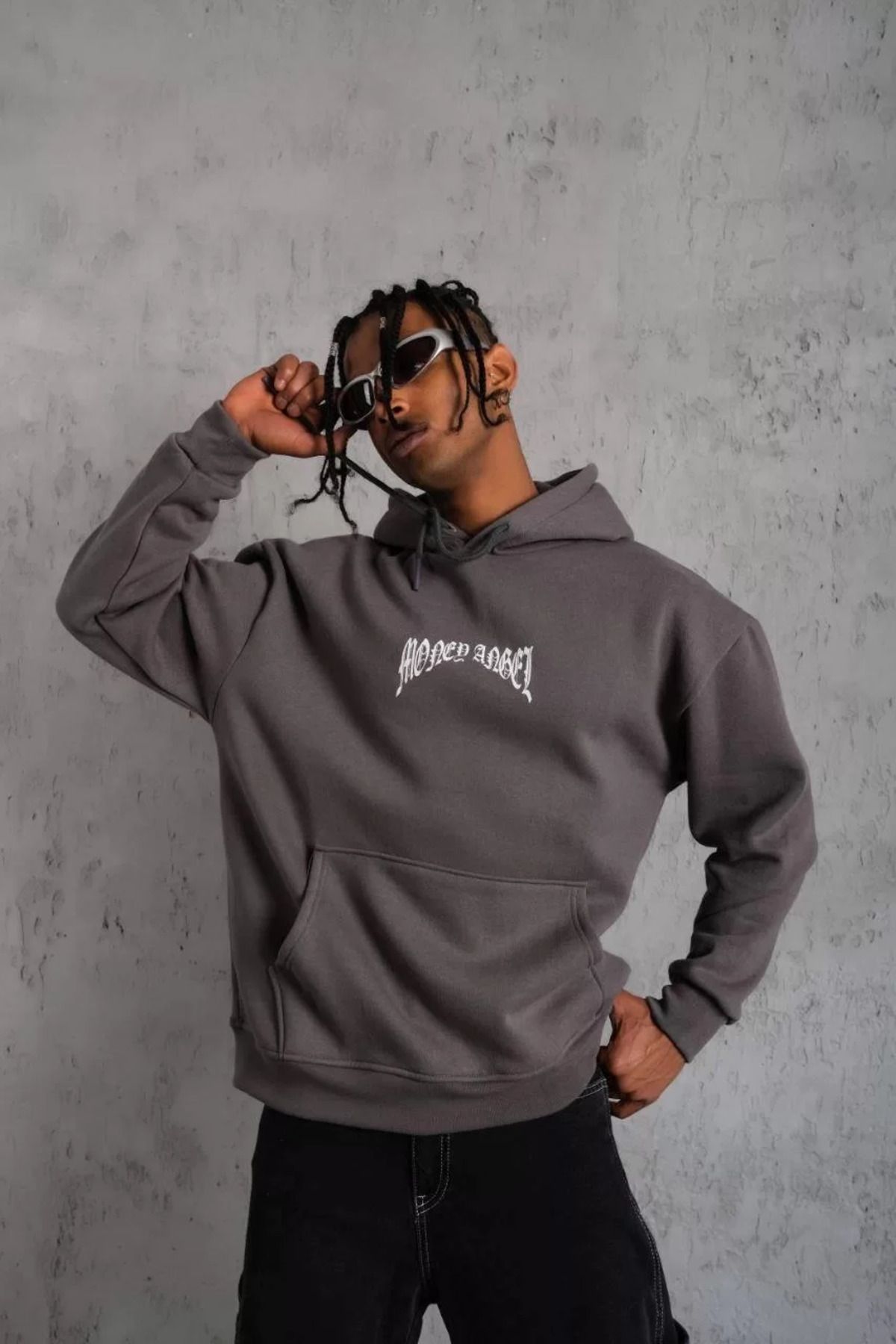 SA Alişveriş Dünyam Erkek Kordon İpli Baskılı Kapüşonlu Sweatshirt - Füme