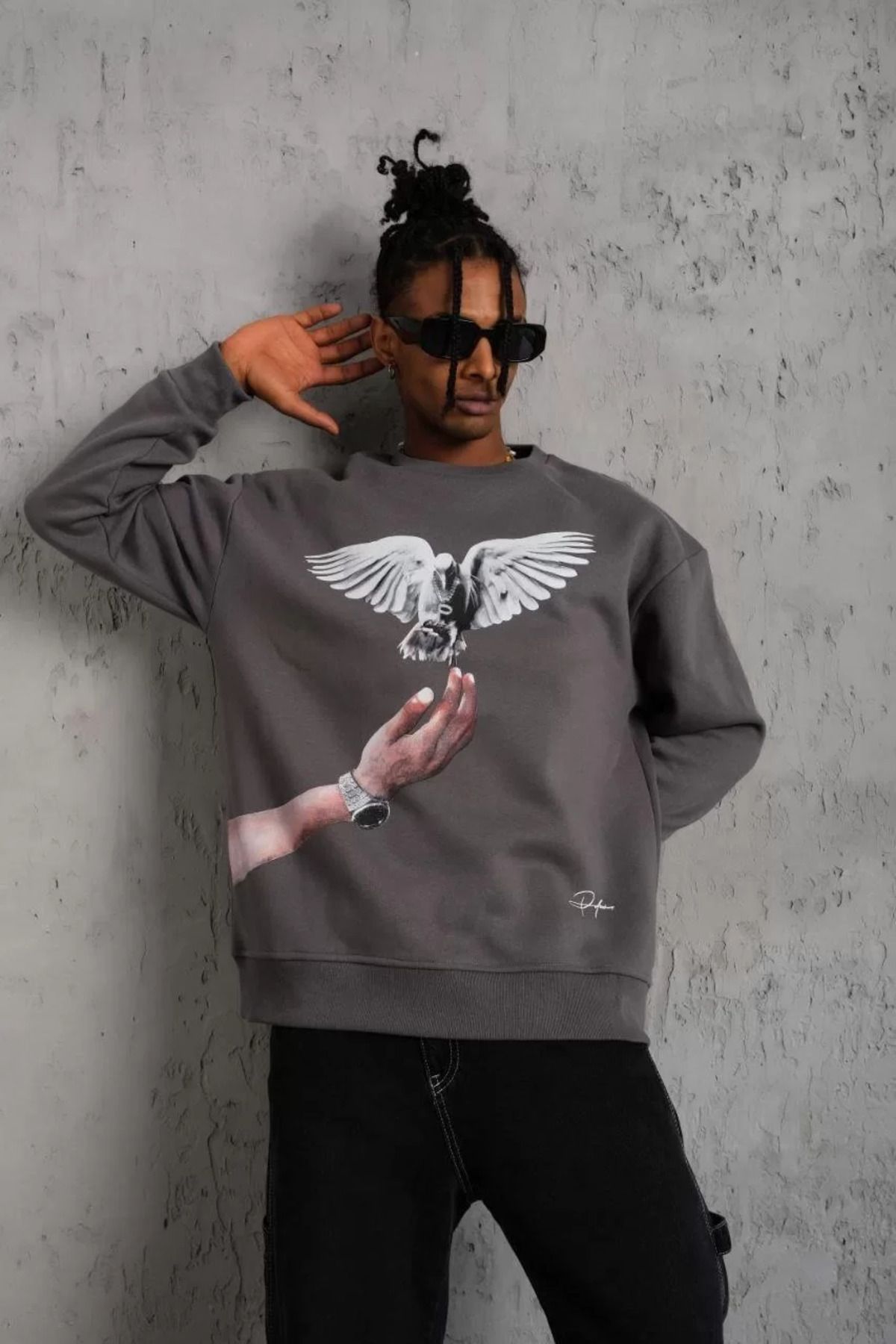SA Alişveriş Dünyam Erkek Güvercin Baskılı Sweatshirt - Gri