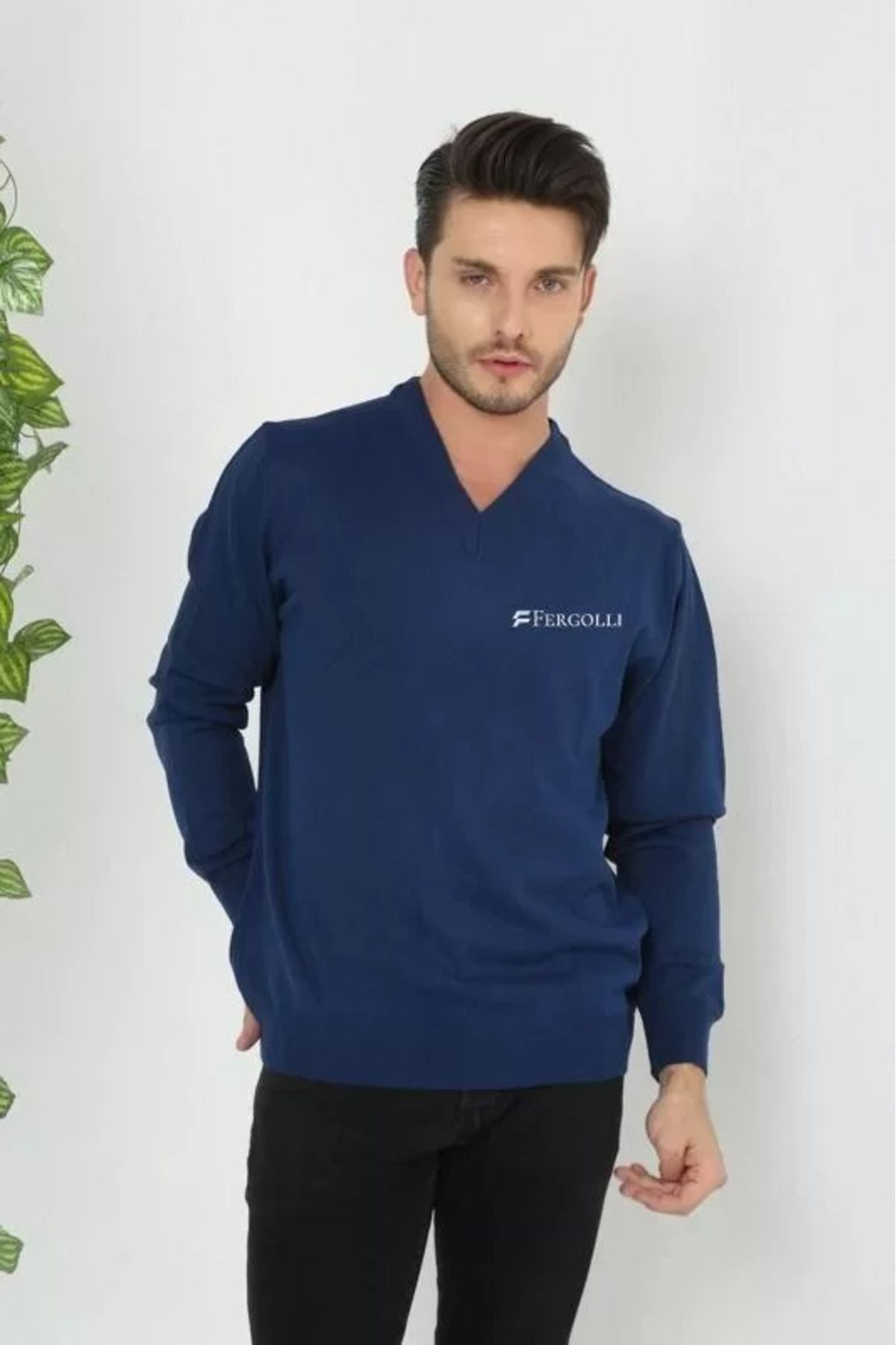 C&Z Collection Baskılı V Yaka Uzun Kol Dokuma Triko - Indigo