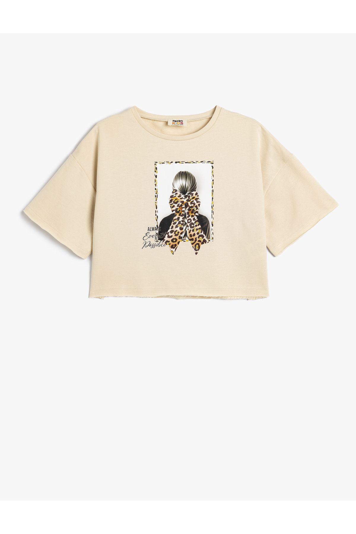 Koton-Cotton Crop T-Shirt - Short Sleeve, Crew Neck and Bow Print 1