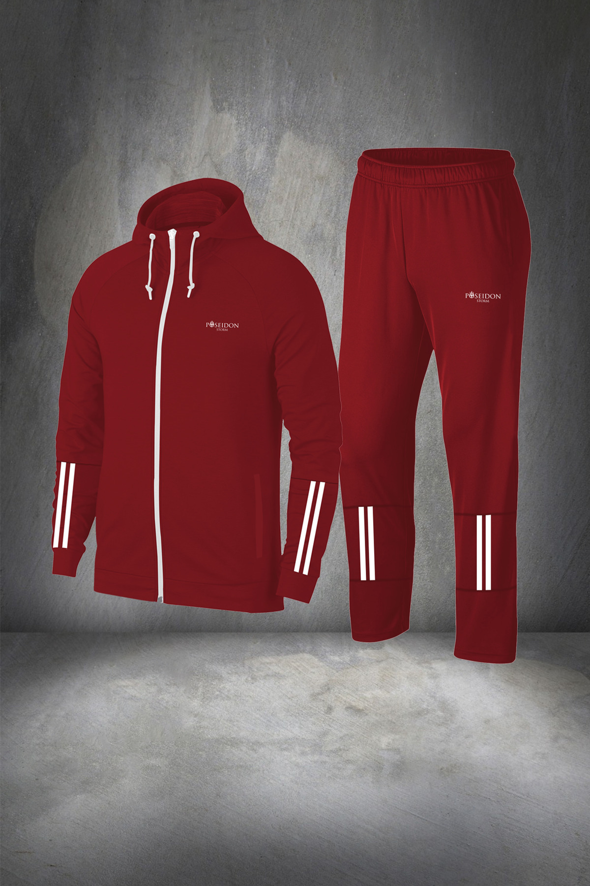 پوزایدون استورم ست کامل لباس ورزشی راحت و زیپ‌دار مخصوص پیاده‌روی مردانه سایز بزرگ، رنگ زرشکی، جنس نخی شانه شده سوپرا، جنس تنفس‌پذیر