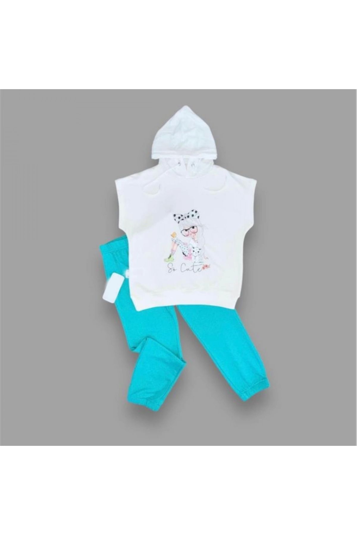 BabyBird-Turquoise Hooded Cute 2-Piece Boys and Girls Set - Printed Short Sleeve 2