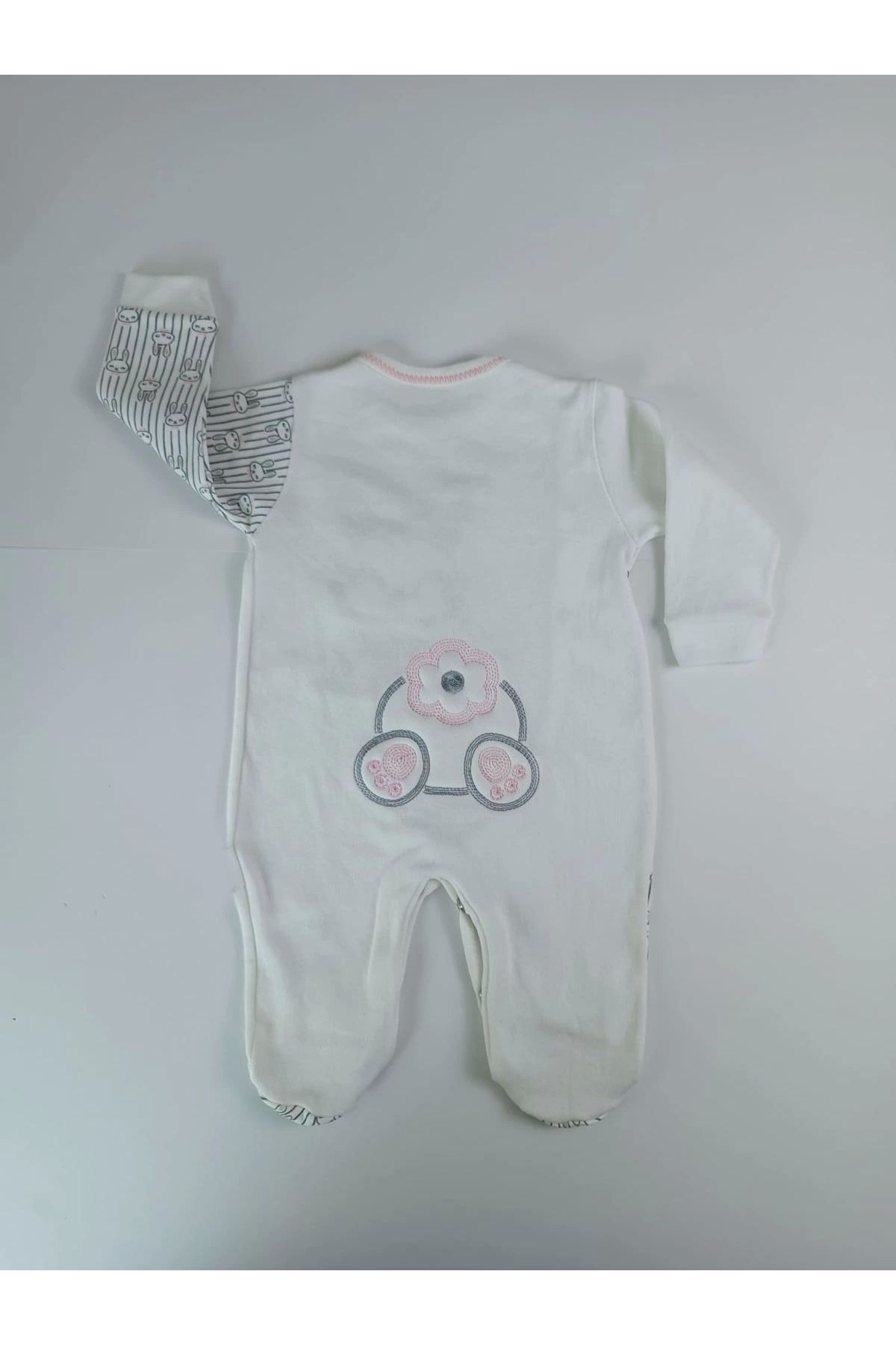 BabyBird-Ecru Little Rabbit Embroidered Baby Girl and Boy Jumpsuit - Neck Snap Closure 3