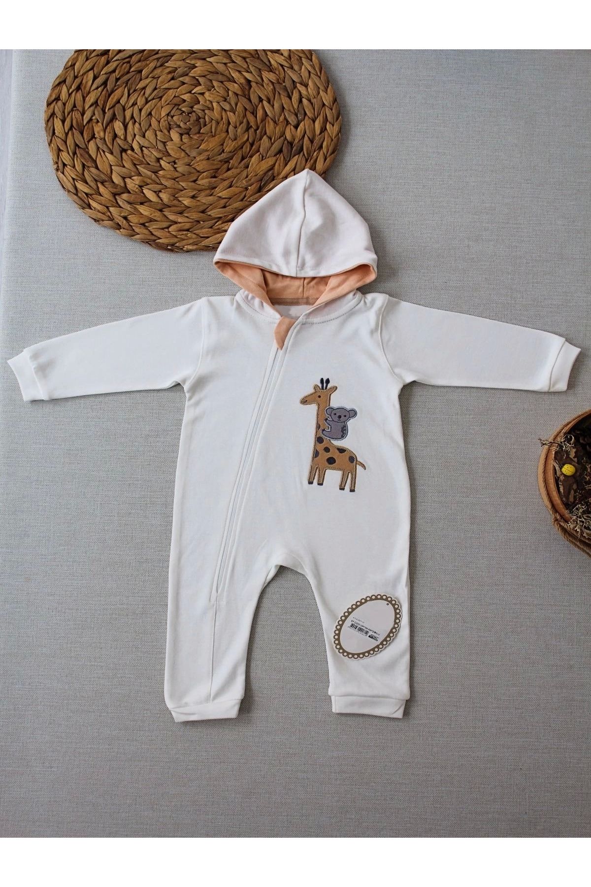 BabyBird-Ecru Color - Striped, Zippered and Embroidered Hooded Baby Jumpsuit 1