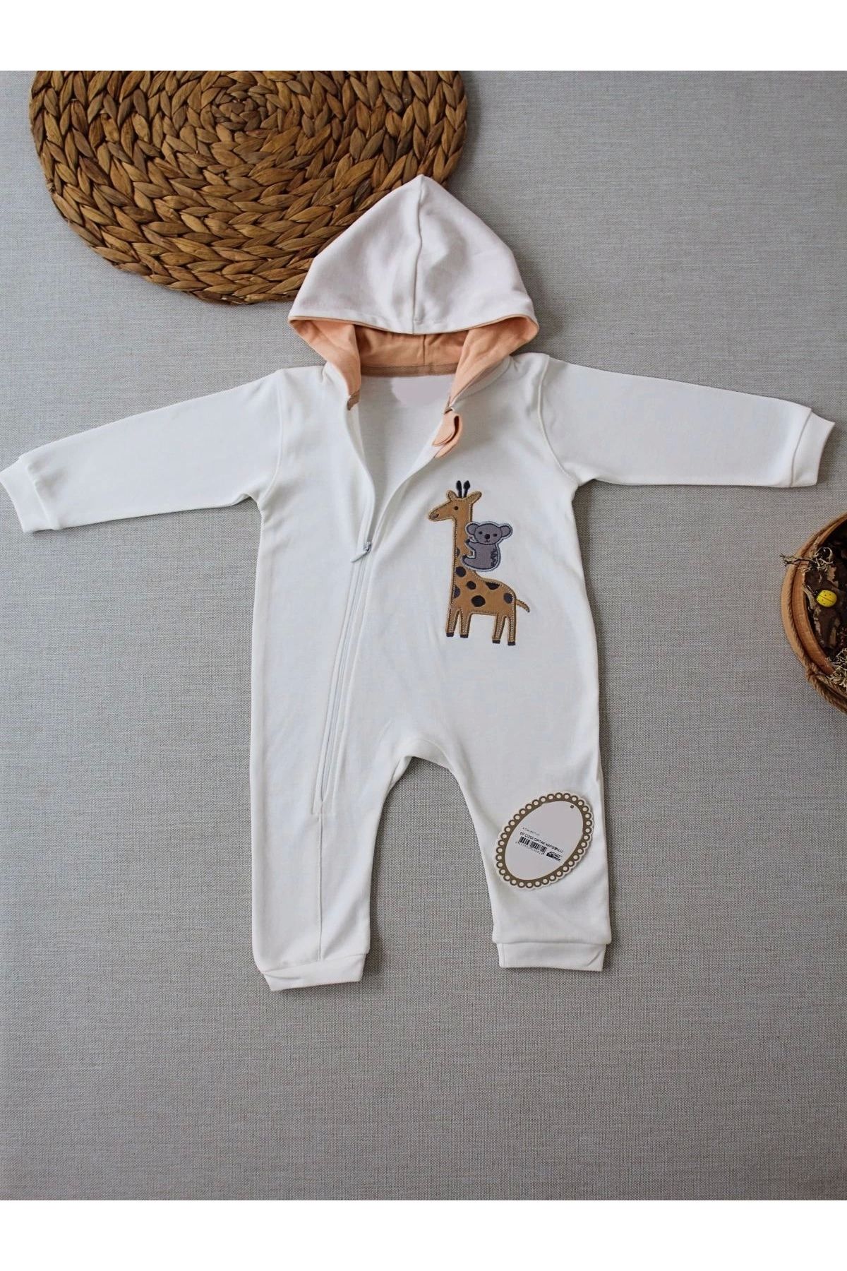 BabyBird-Ecru Color - Striped, Zippered and Embroidered Hooded Baby Jumpsuit 2