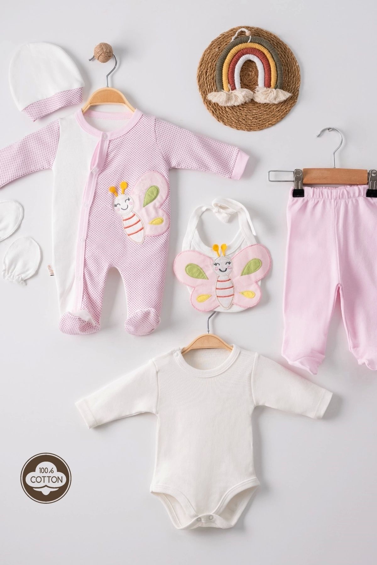 BabyBird Kelebek Nakışlı Puanlı Tulumlu % 100 Pamuk Kız Bebek 5'li Set