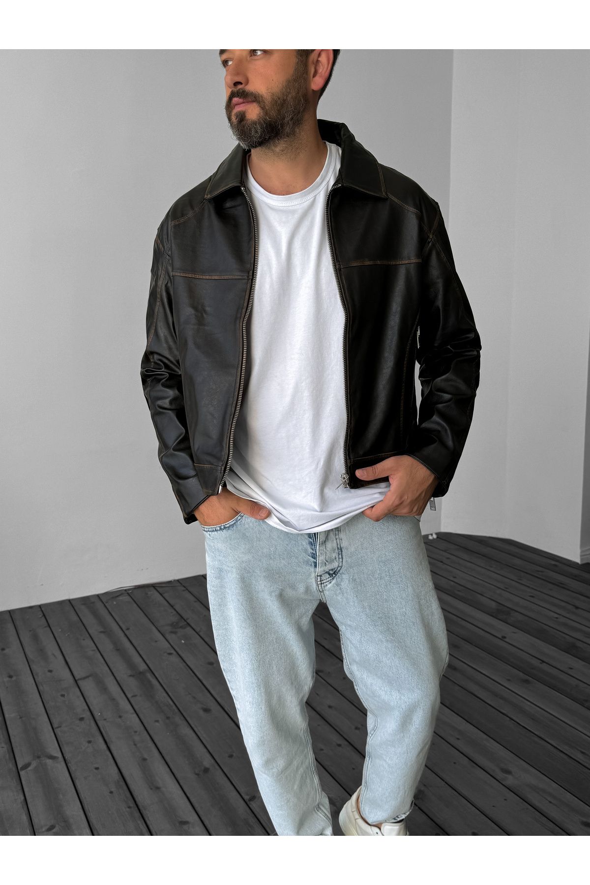 BYBASICMAN-Tan Wash Patterned Leather Jacket G-5505 4