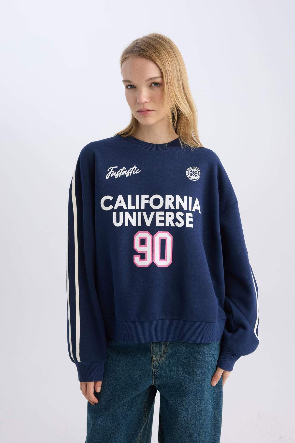 DeFacto-Navy Blue Coool Oversize Fit Wide Fit Crew Neck Back Printed Thick Sweatshirt 3182555 3