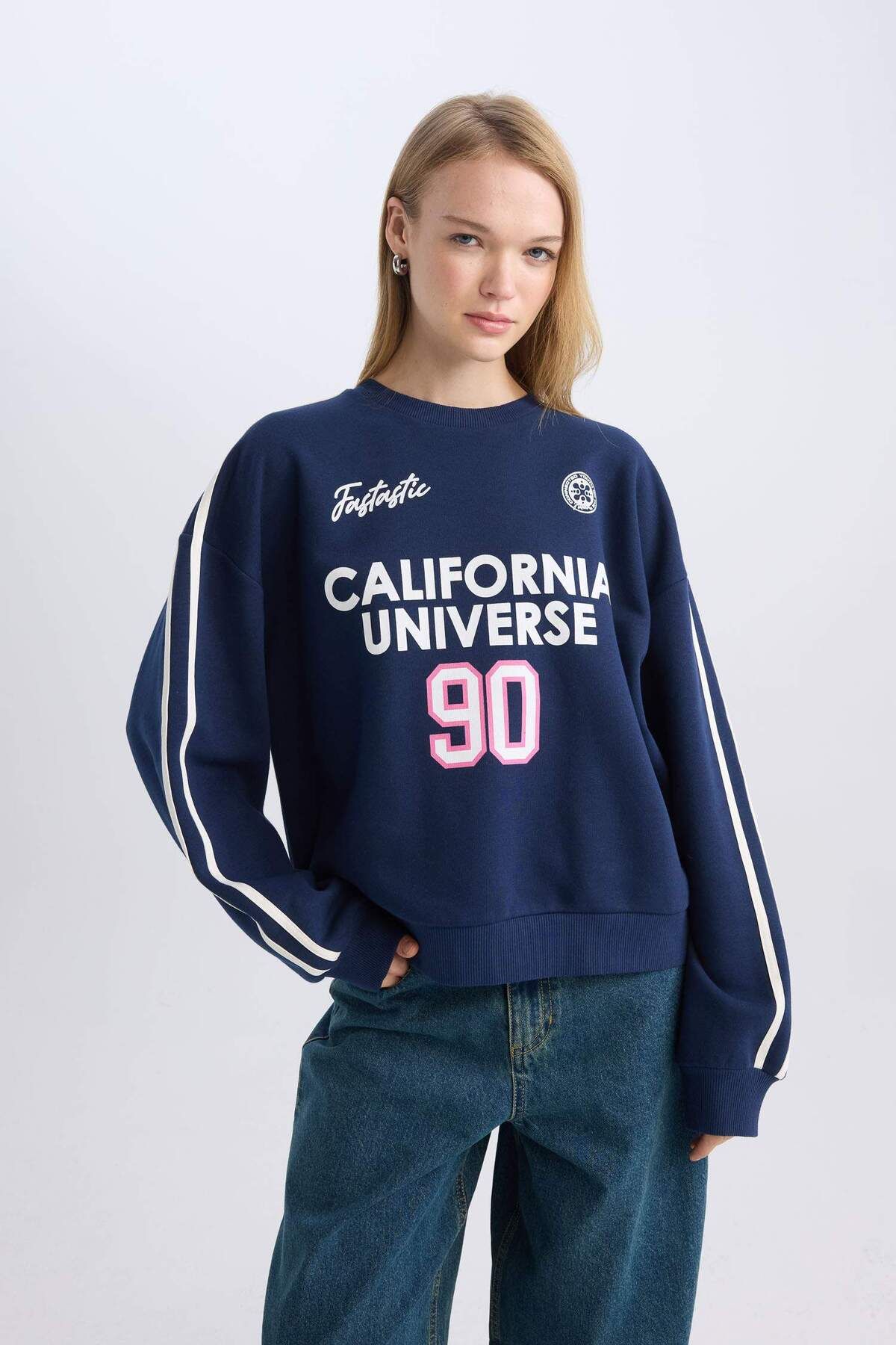 DeFacto-Navy Blue Coool Oversize Fit Wide Fit Crew Neck Back Printed Thick Sweatshirt 3182555 1