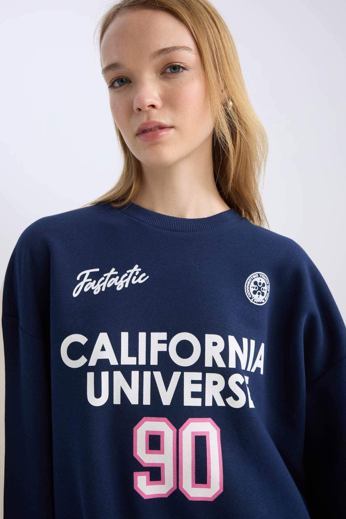 DeFacto-Navy Blue Coool Oversize Fit Wide Fit Crew Neck Back Printed Thick Sweatshirt 3182555 4