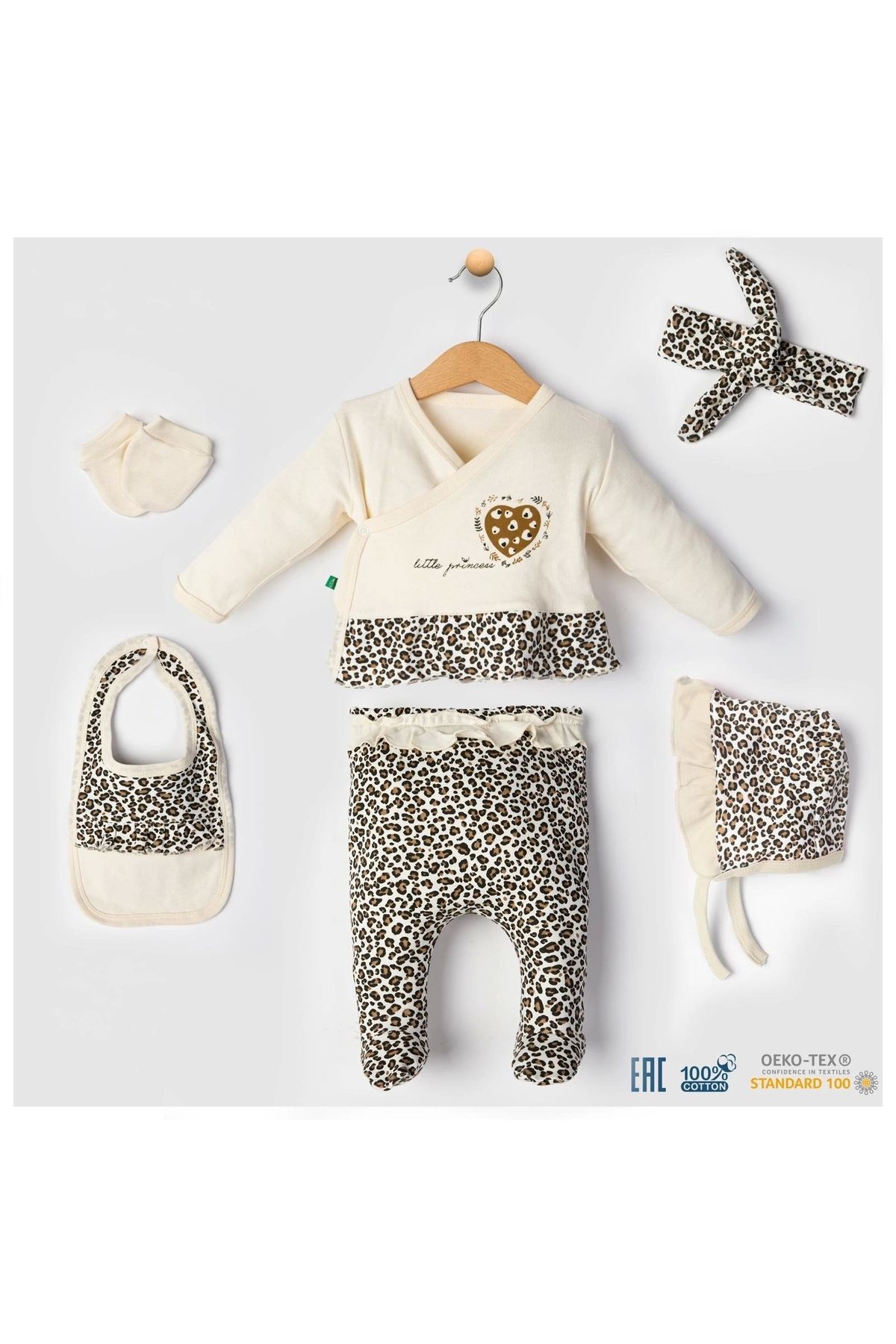 BabyBird Leopar Desenli 6li Hastane Çıkışı Seti %100 Pamuk